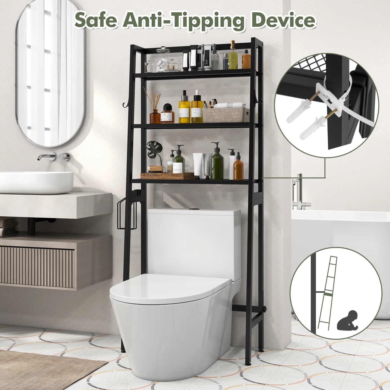 3-Tier Over The Toilet Storage Shelf, Adjustable Bottom Bar, Black - Image 9