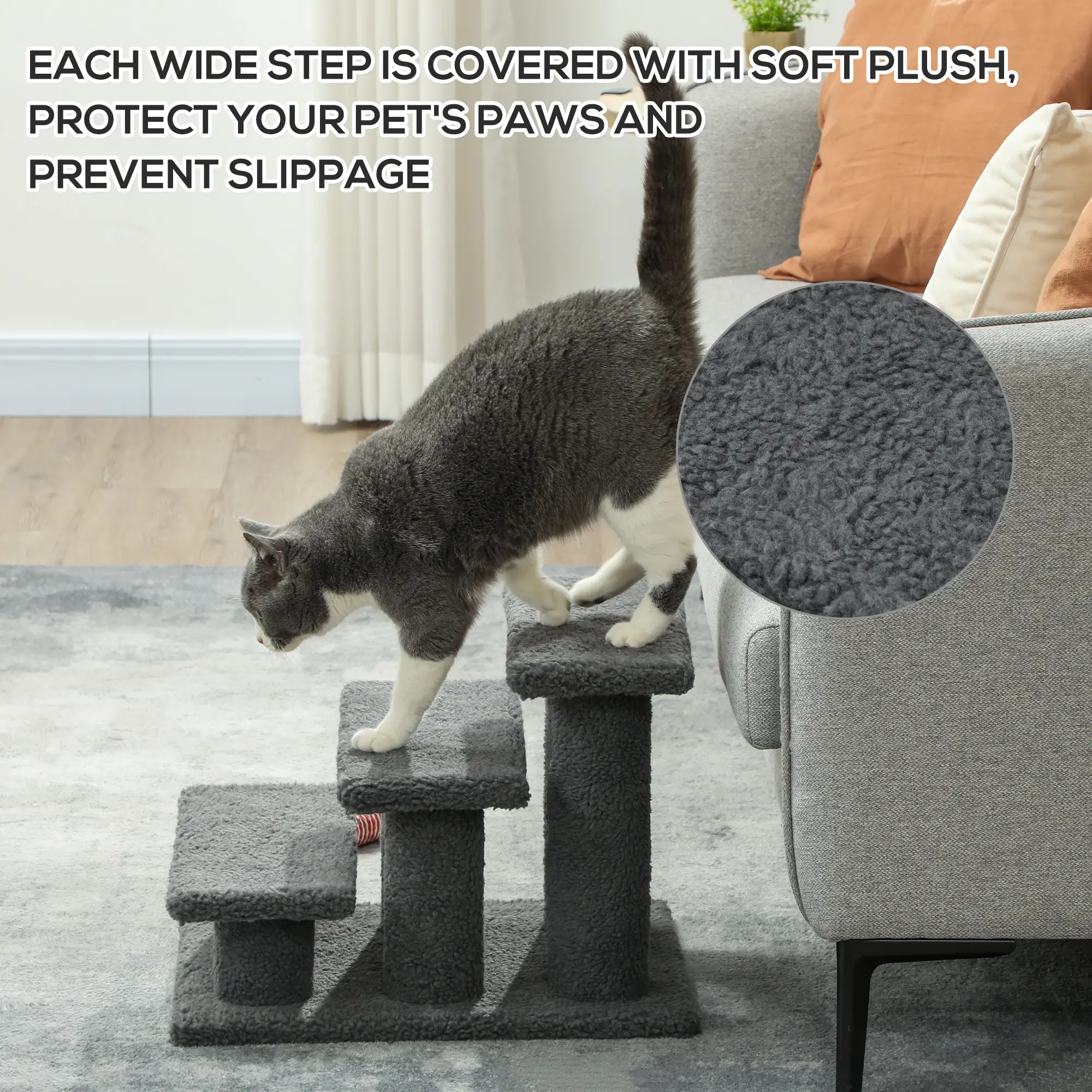 3 Tier Pet Stairs, Dog Cat Step, Scratch Post Furniture, Dark Grey - Image 4
