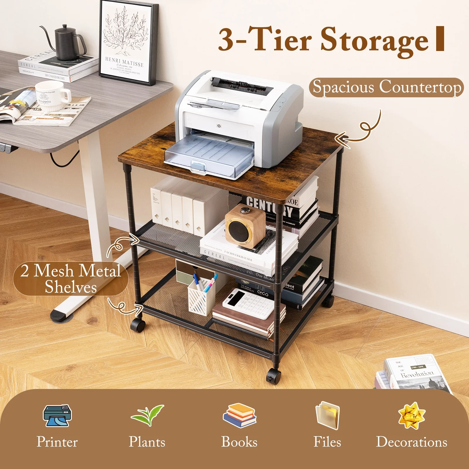 3 Tier Printer Stand, Adjustable Shelf, Swivel Wheels, Coffee - Image 7