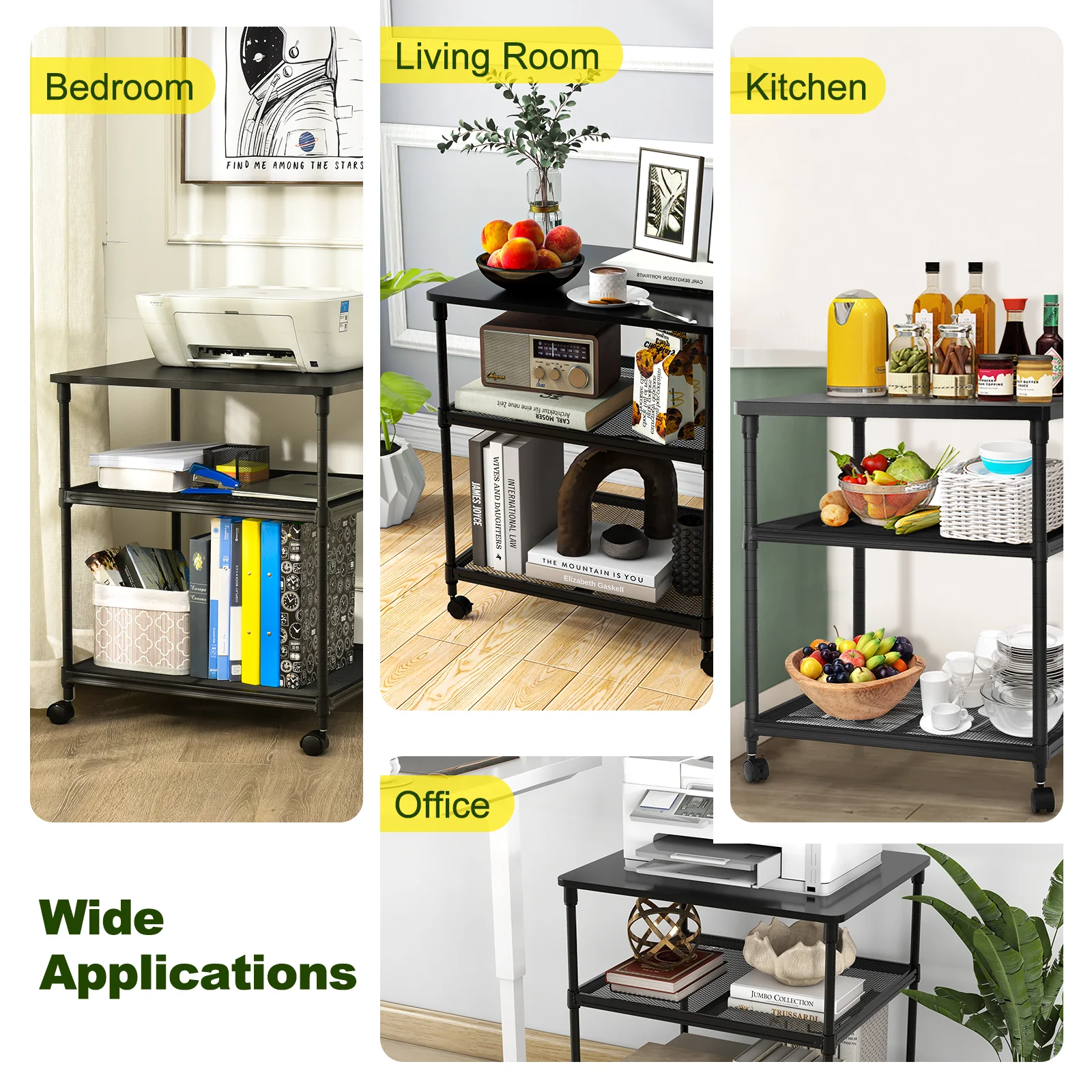 3 Tier Printer Stand, Rolling Fax Cart, Adjustable Shelf, Swivel Wheels, Black - Image 10