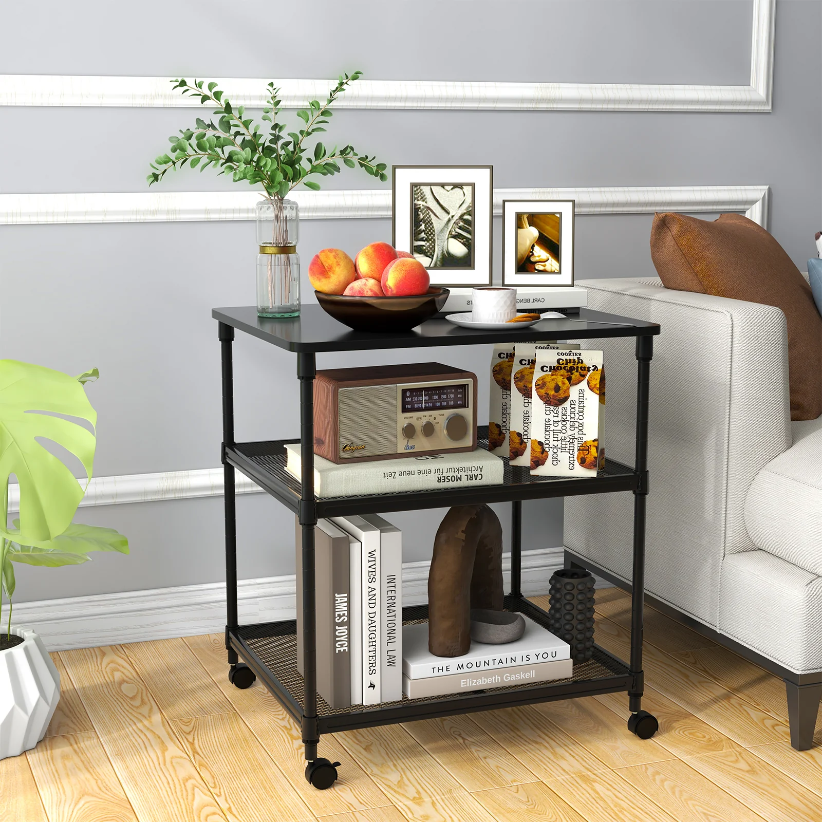 3 Tier Printer Stand, Rolling Fax Cart, Adjustable Shelf, Swivel Wheels, Black - Image 3