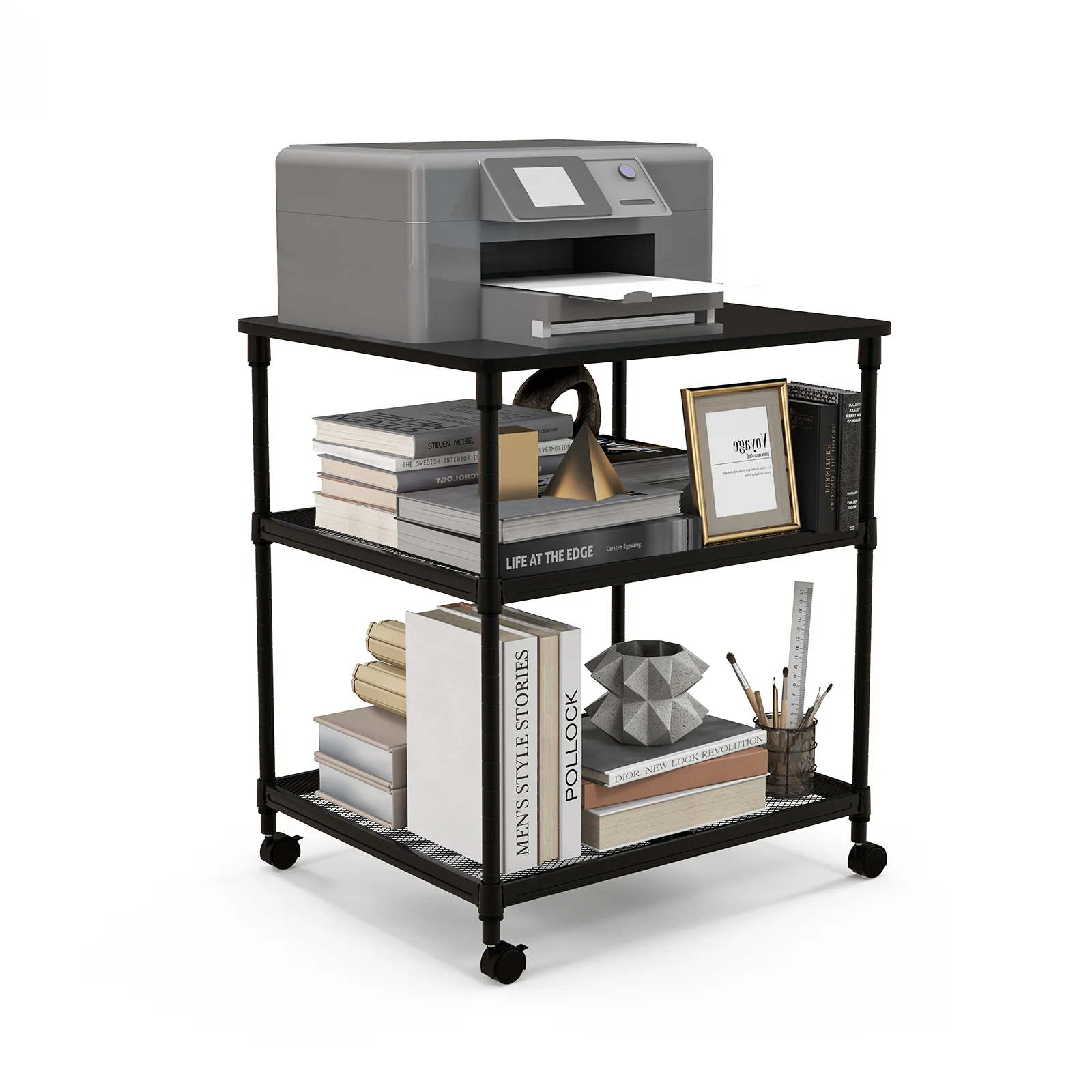 3 Tier Printer Stand, Rolling Fax Cart, Adjustable Shelf, Swivel Wheels, Black - Image 4