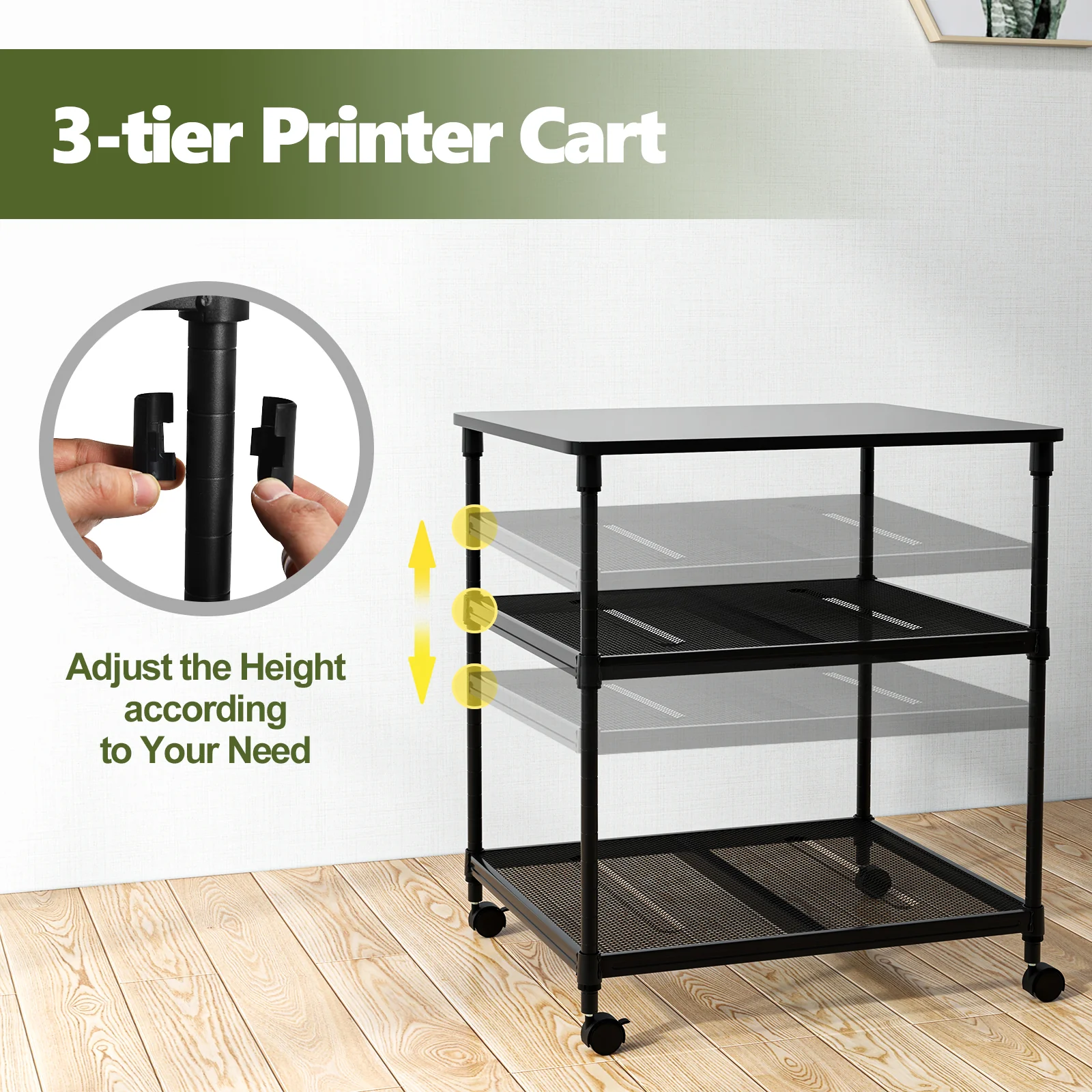 3 Tier Printer Stand, Rolling Fax Cart, Adjustable Shelf, Swivel Wheels, Black - Image 7