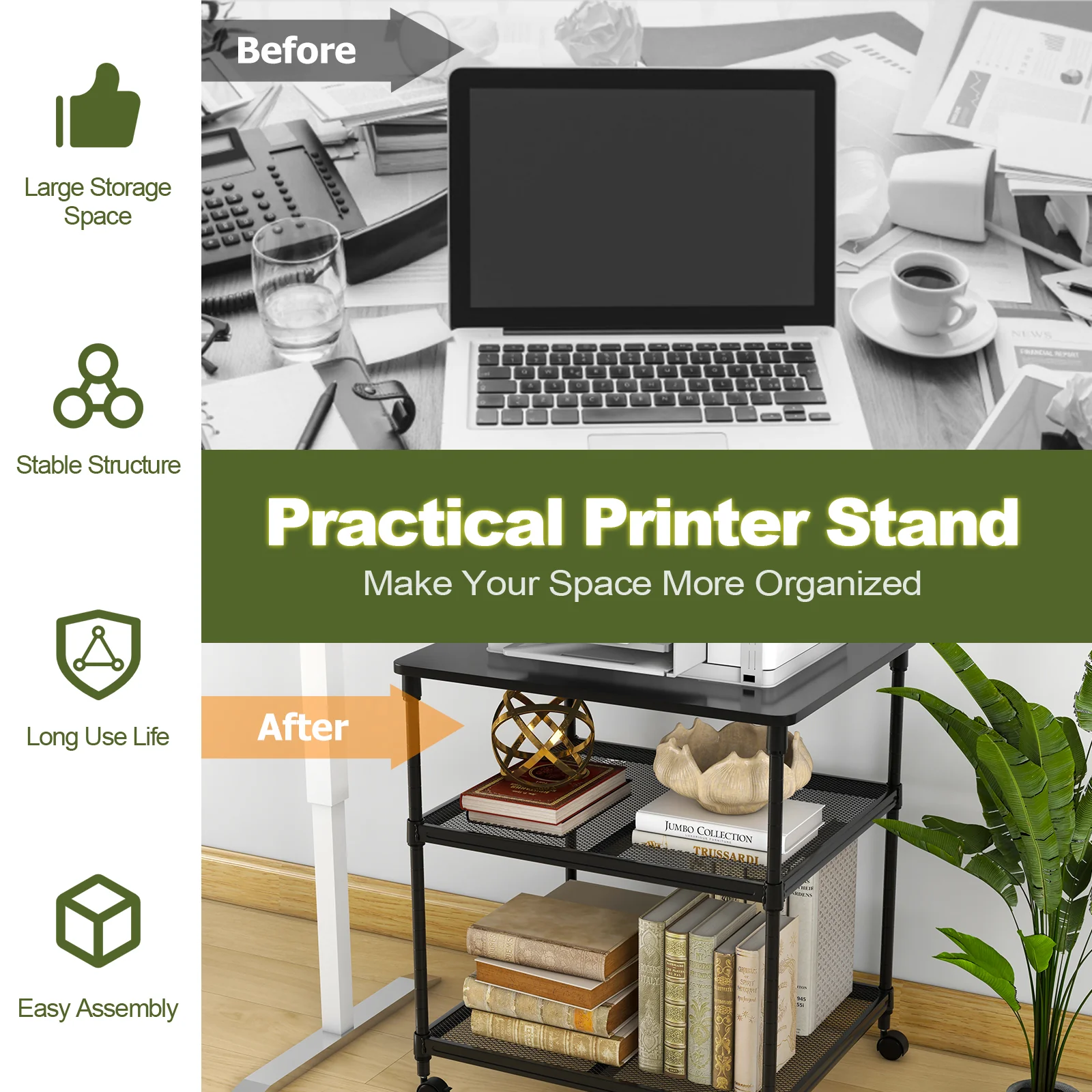3 Tier Printer Stand, Rolling Fax Cart, Adjustable Shelf, Swivel Wheels, Black - Image 8