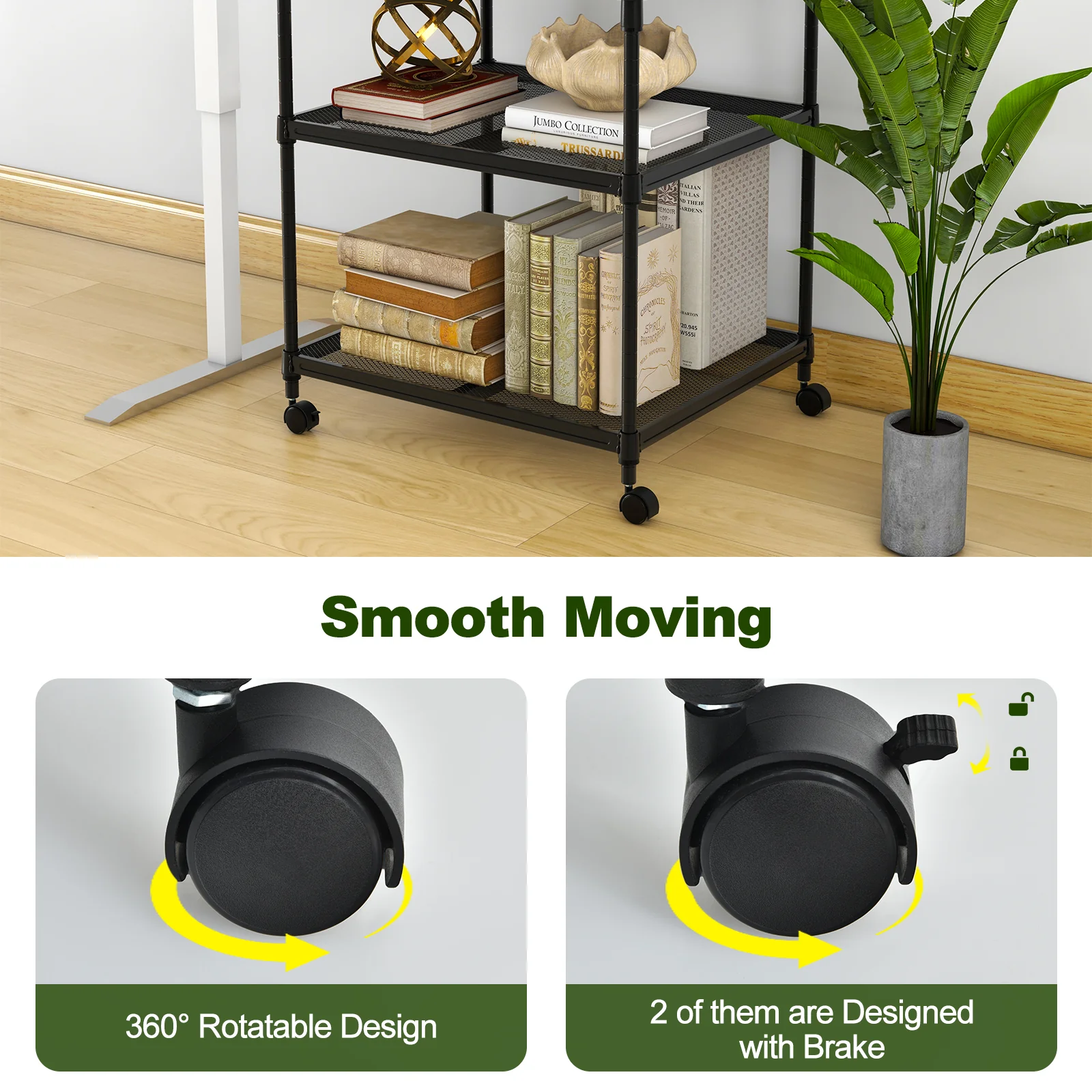 3 Tier Printer Stand, Rolling Fax Cart, Adjustable Shelf, Swivel Wheels, Black - Image 9