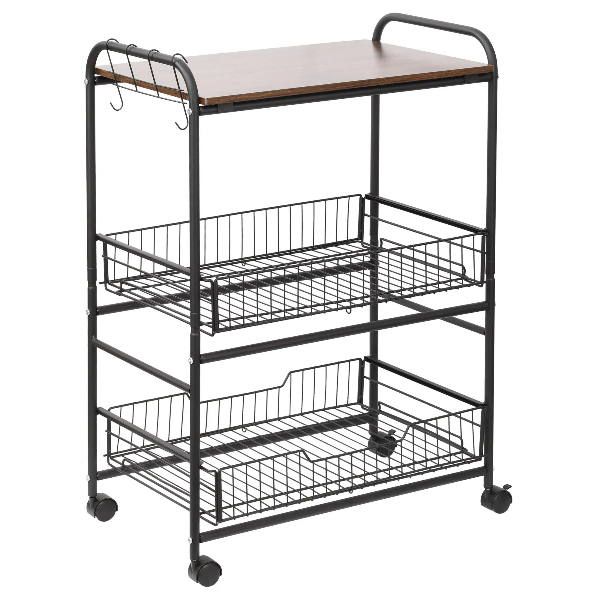 3-Tier Rolling Kitchen Cart, 2 Basket Drawers, Lockable Casters
