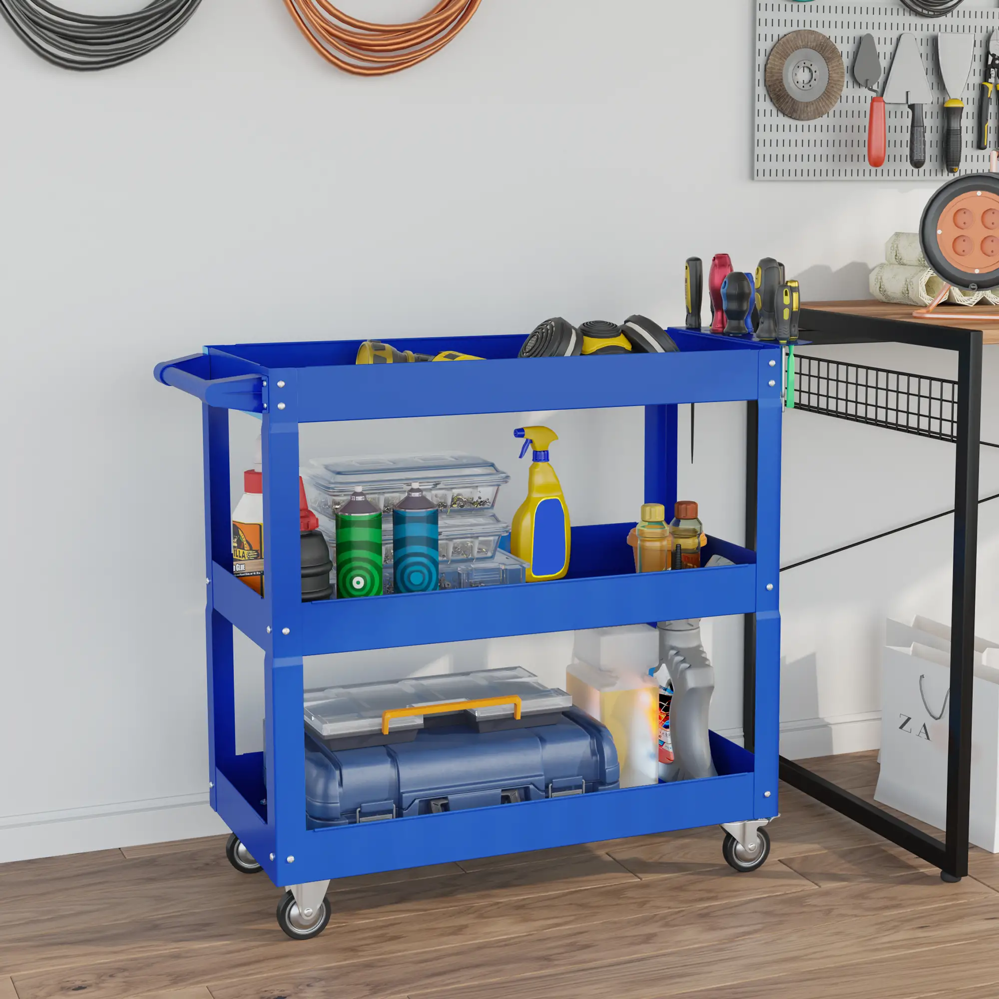 3 Tier Rolling Tool Cart, 330 LBS Heavy Duty Utility Cart, Blue - Image 2