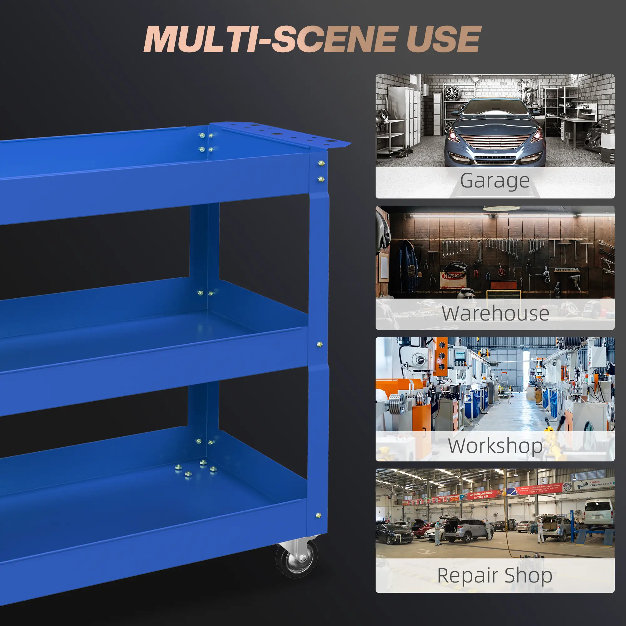 3 Tier Rolling Tool Cart, 330 LBS Heavy Duty Utility Cart, Blue - Image 6