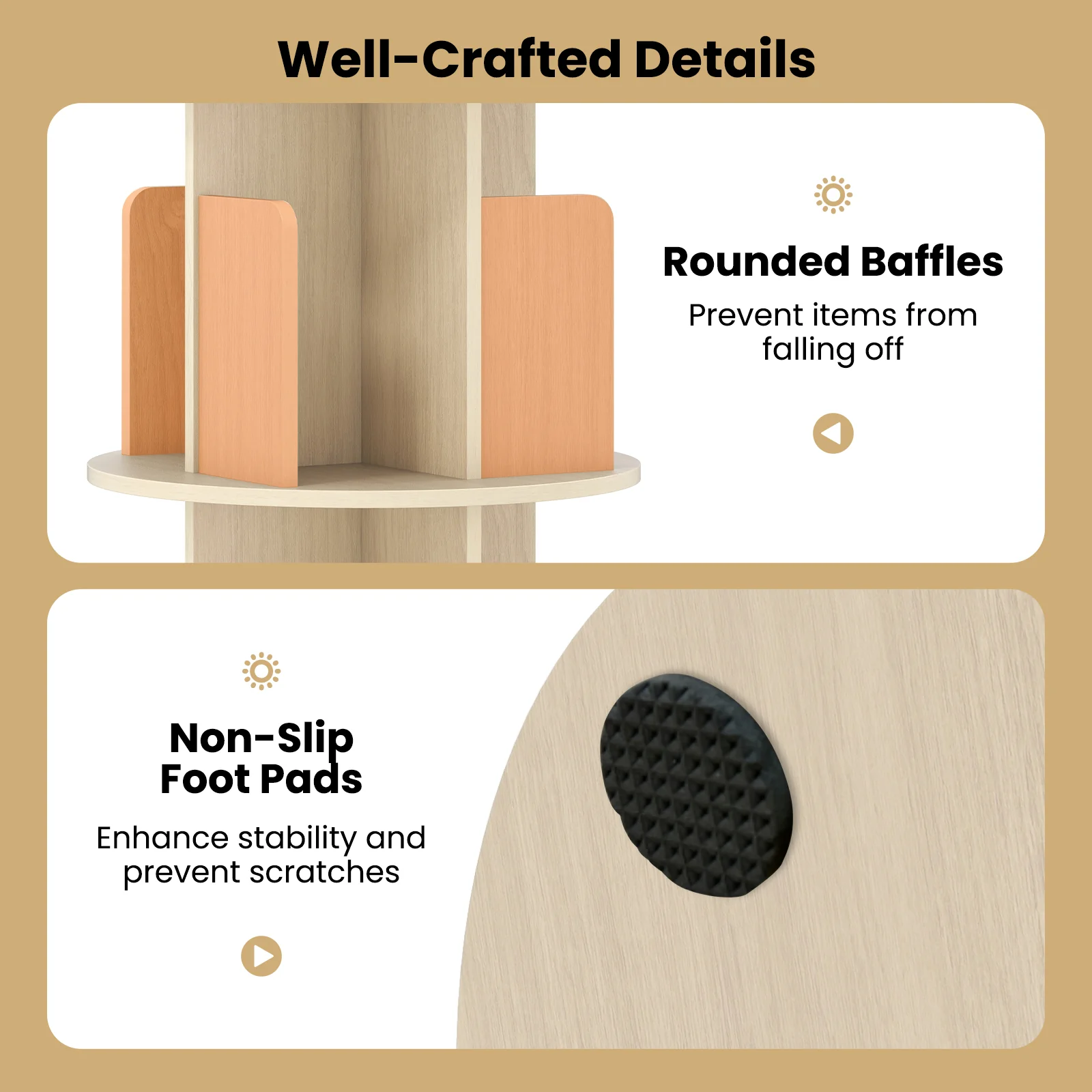 3-Tier Rotating Bookshelf With Dividers, Anti-Falling Baffles, Natural - Image 10
