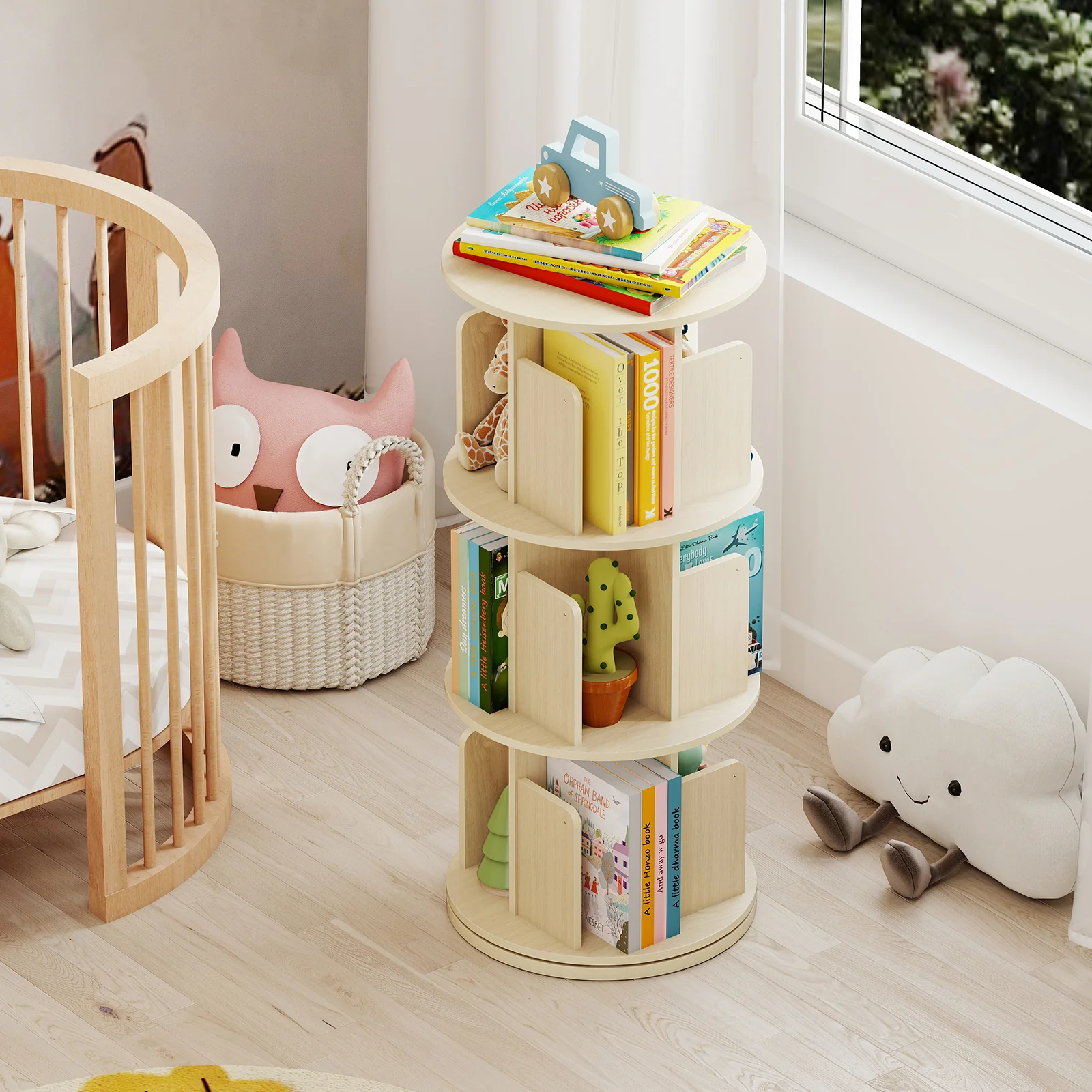 3-Tier Rotating Bookshelf With Dividers, Anti-Falling Baffles, Natural - Image 2