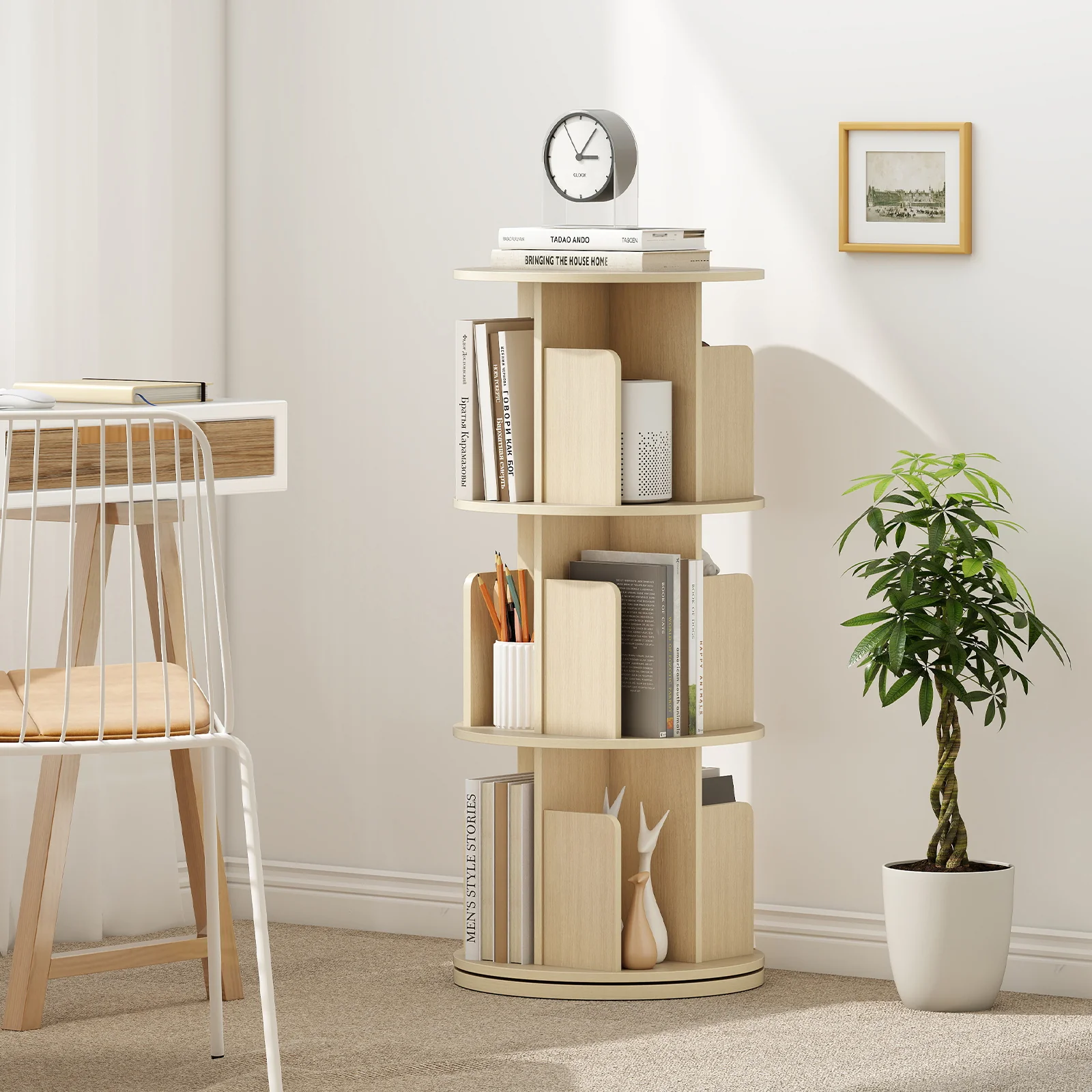 3-Tier Rotating Bookshelf With Dividers, Anti-Falling Baffles, Natural - Image 3