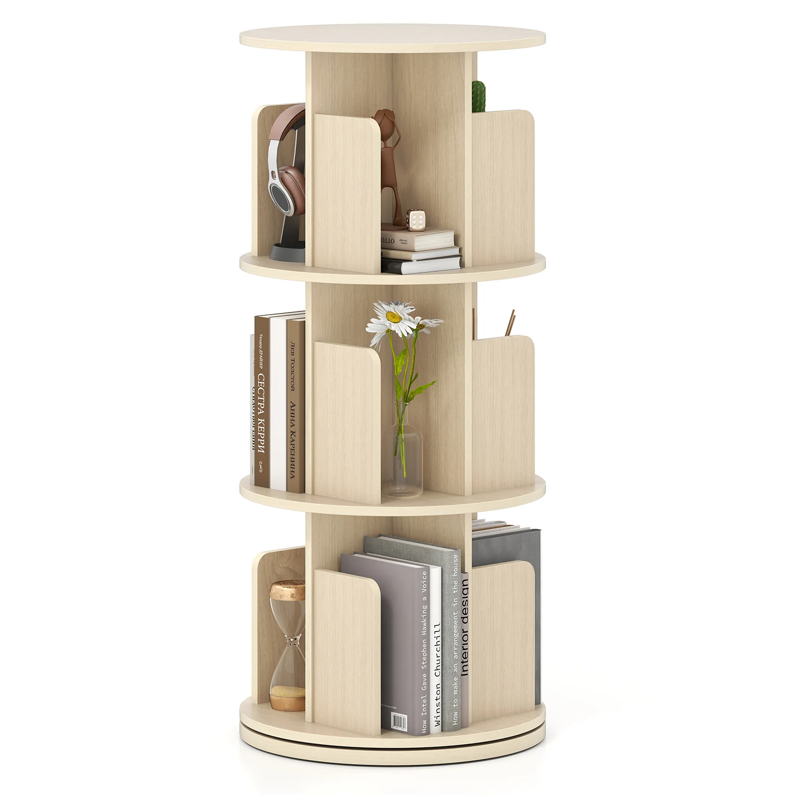 3-Tier Rotating Bookshelf With Dividers, Anti-Falling Baffles, Natural - Image 4