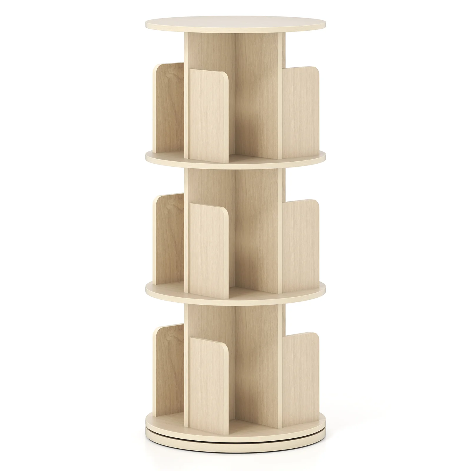 3-Tier Rotating Bookshelf With Dividers, Anti-Falling Baffles, Natural - Image 5