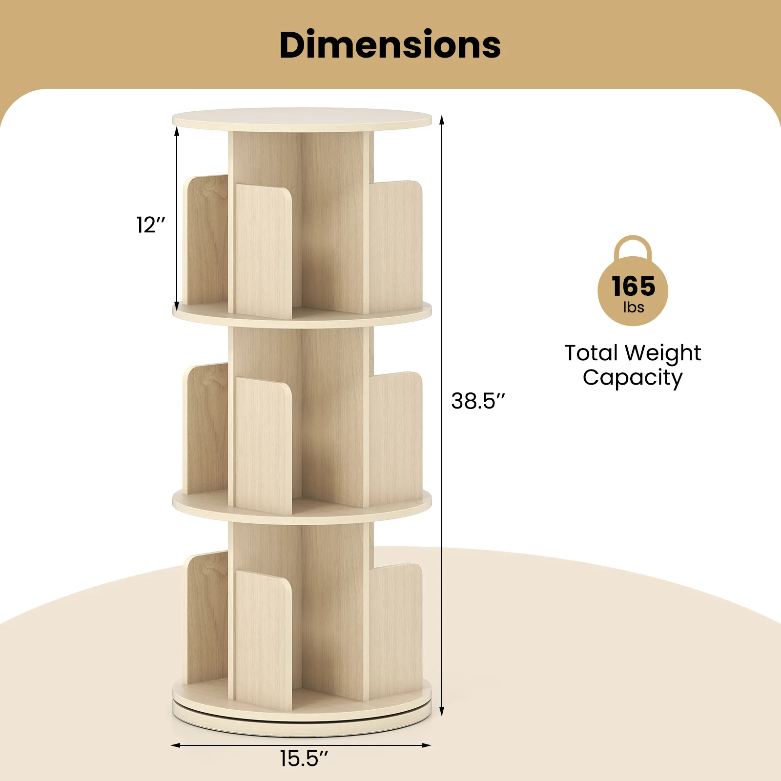 3-Tier Rotating Bookshelf With Dividers, Anti-Falling Baffles, Natural - Image 6