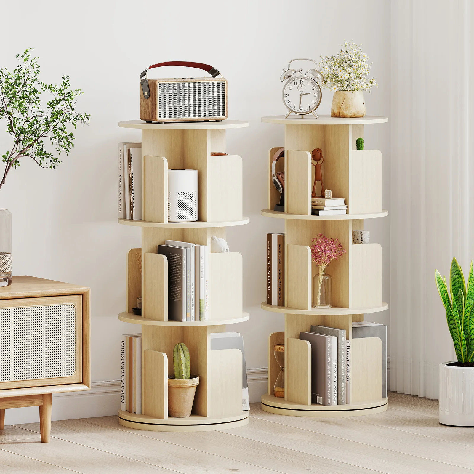3-Tier Rotating Bookshelf With Dividers, Anti-Falling Baffles, Natural - Image 7