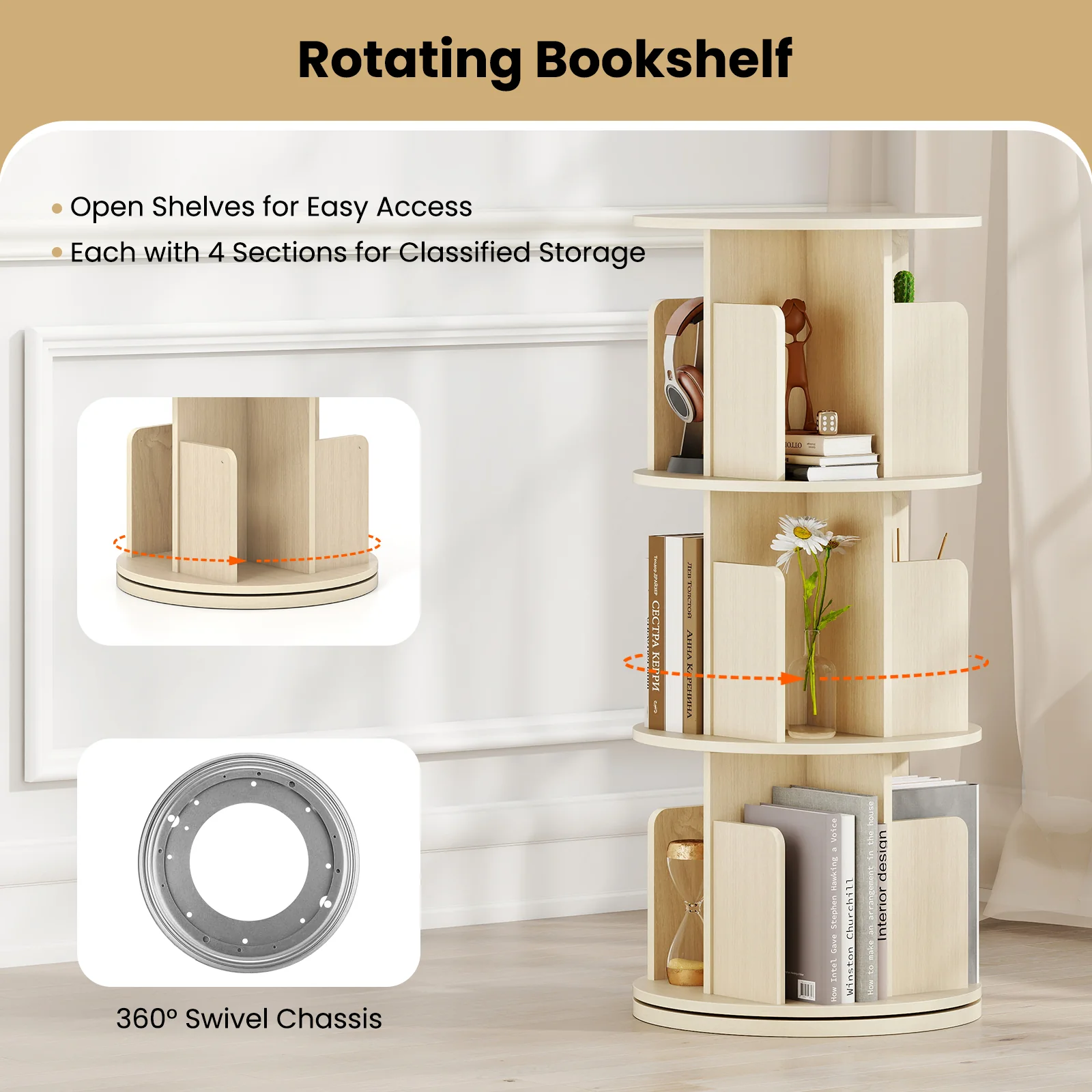 3-Tier Rotating Bookshelf With Dividers, Anti-Falling Baffles, Natural - Image 8