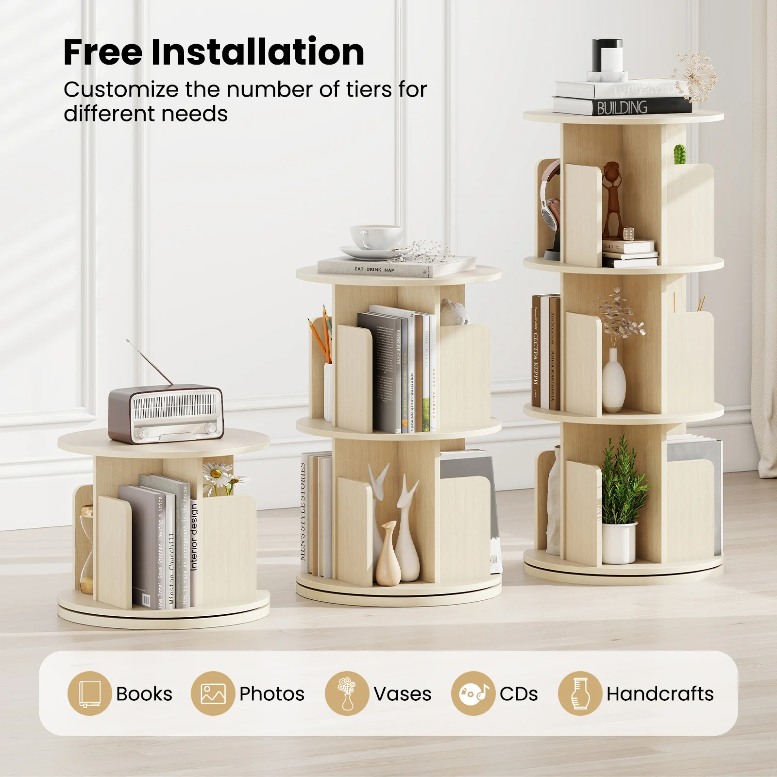 3-Tier Rotating Bookshelf With Dividers, Anti-Falling Baffles, Natural - Image 9