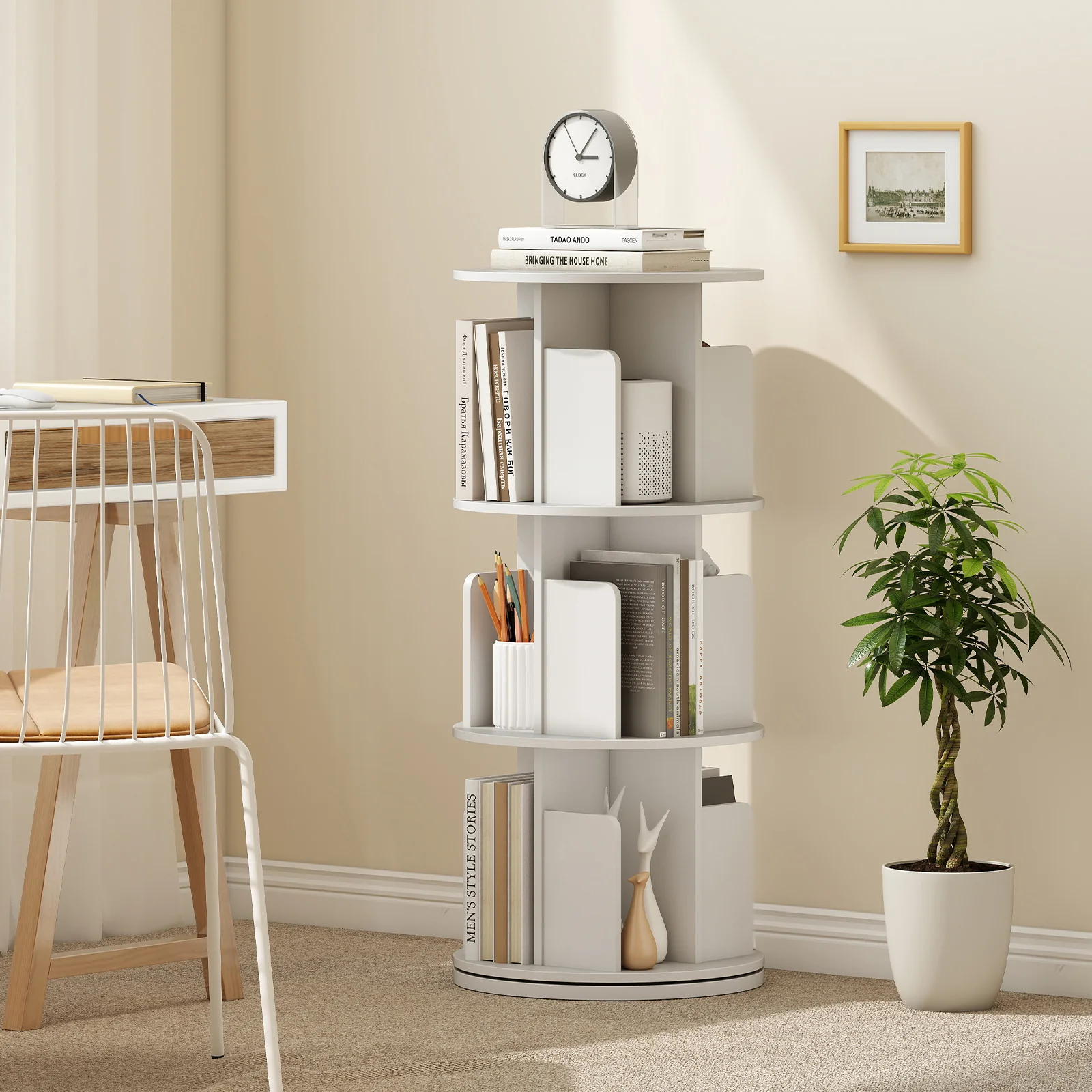 3-Tier Rotating Bookshelf With Dividers, White - Image 3