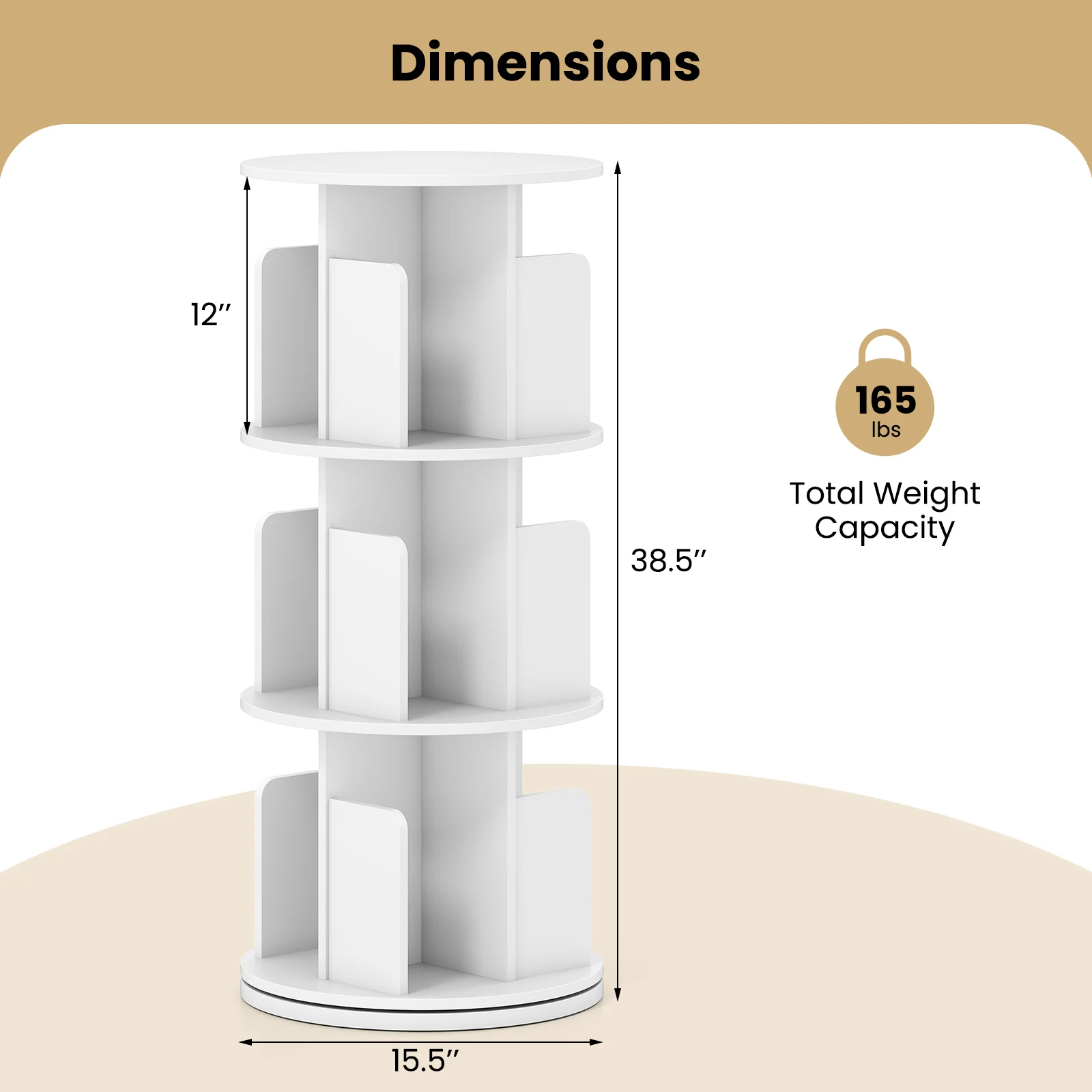 3-Tier Rotating Bookshelf With Dividers, White - Image 6