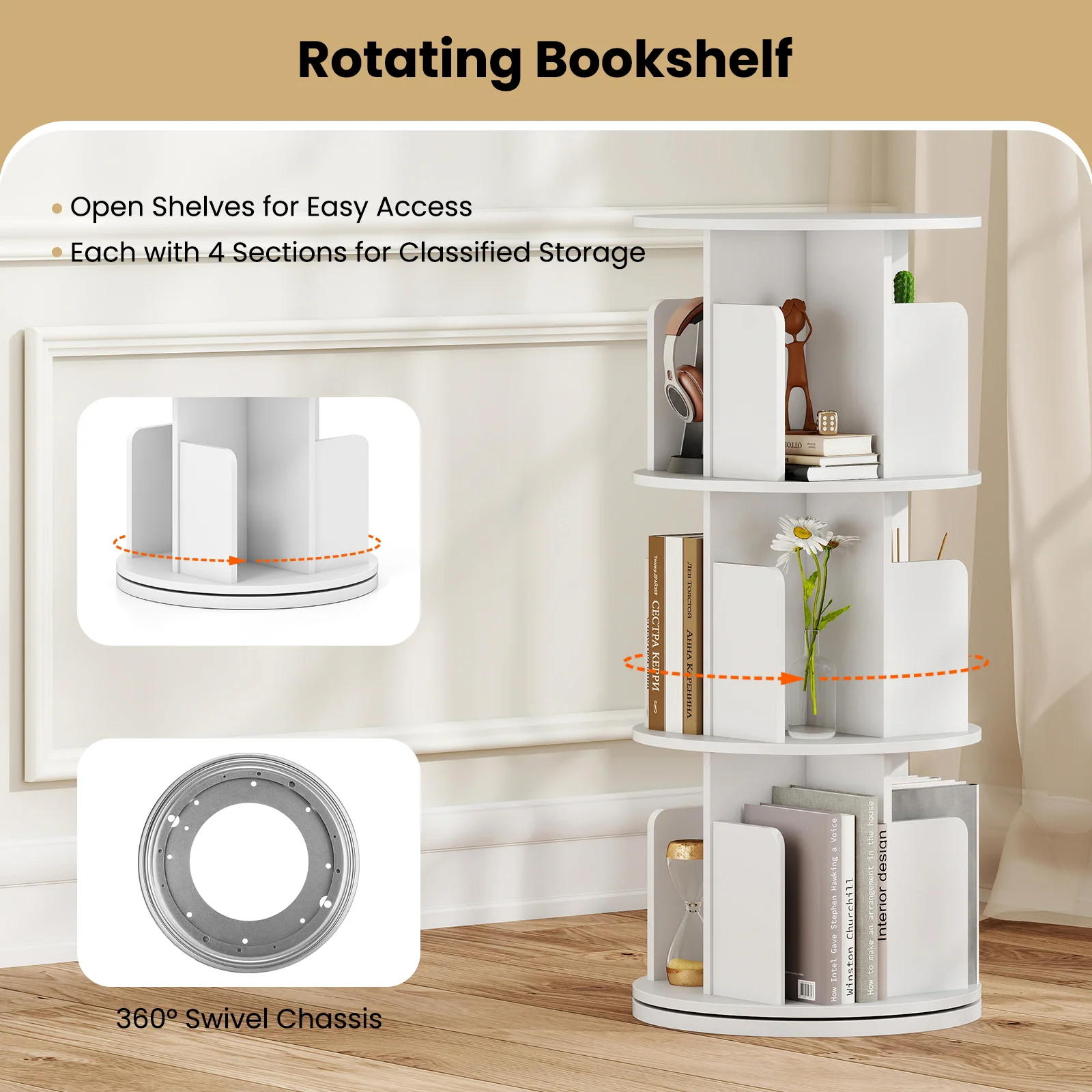 3-Tier Rotating Bookshelf With Dividers, White - Image 8