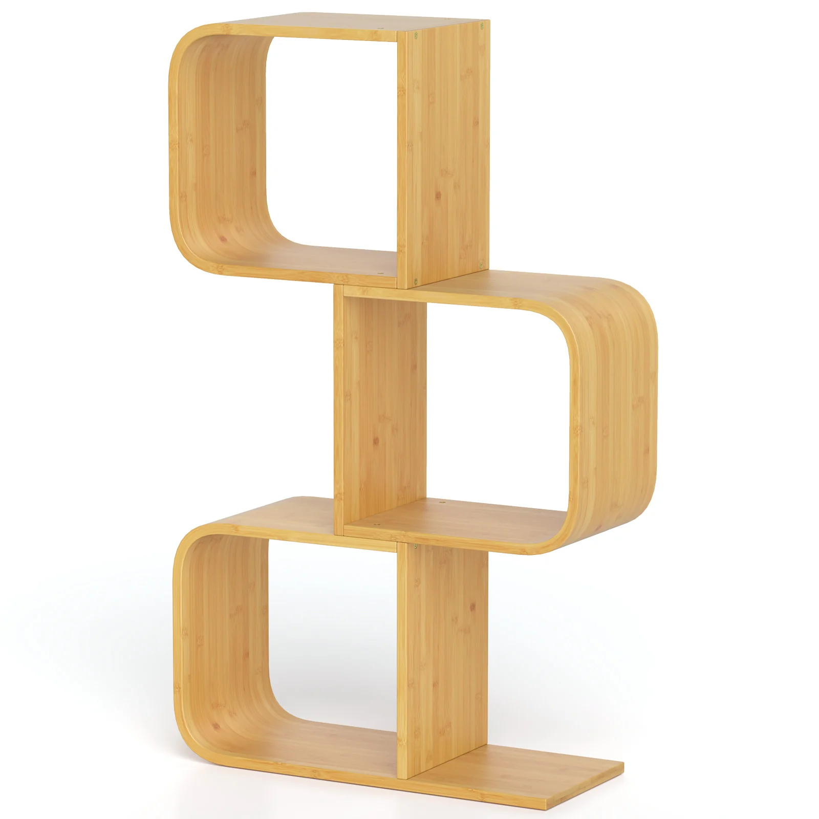 3-Tier S-Shaped Bookcase, 3 Open Cubes, Natural