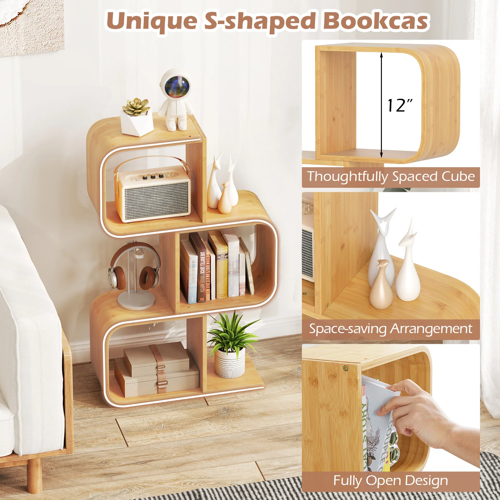 3-Tier S-Shaped Bookcase, 3 Open Cubes, Natural - Image 10