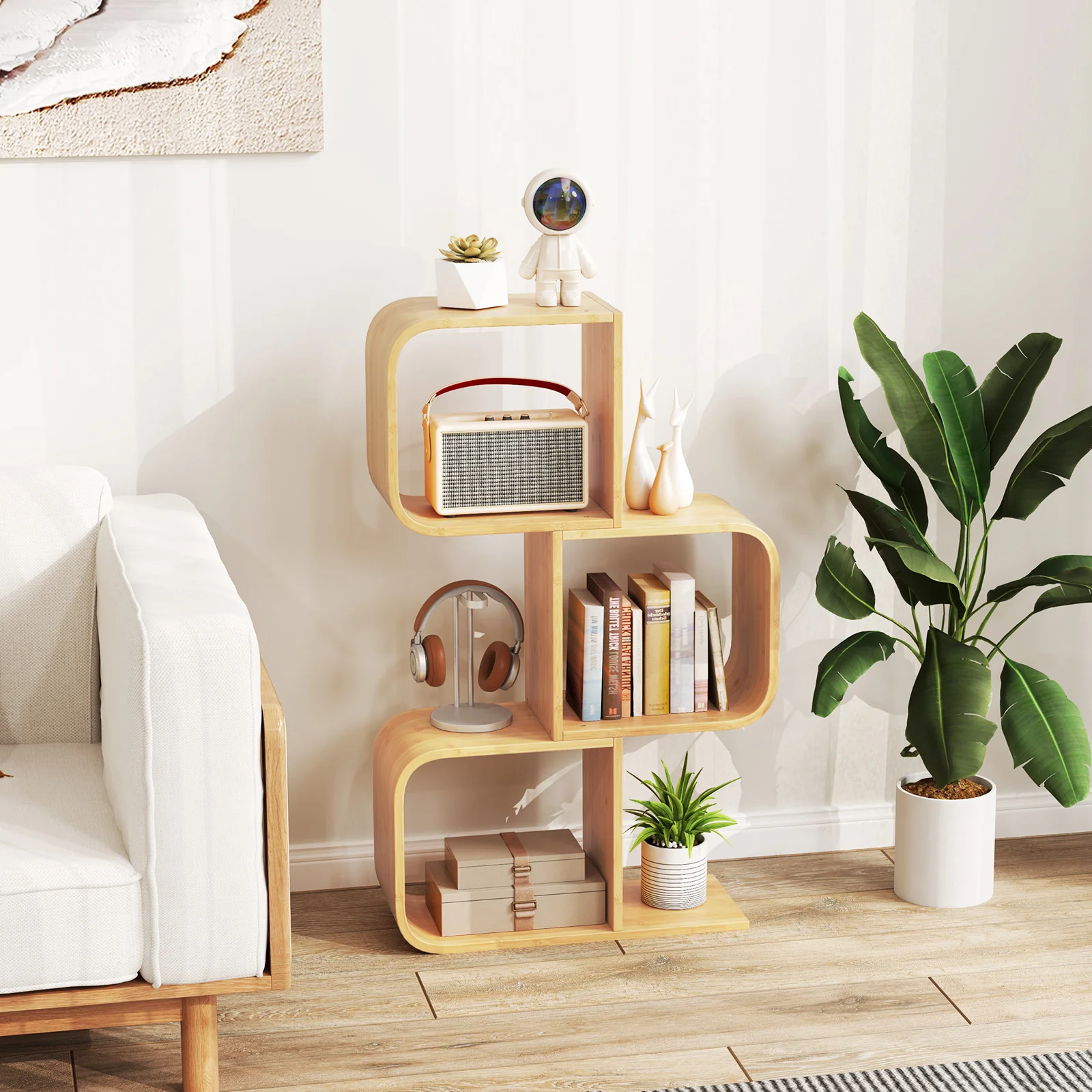 3-Tier S-Shaped Bookcase, 3 Open Cubes, Natural - Image 2