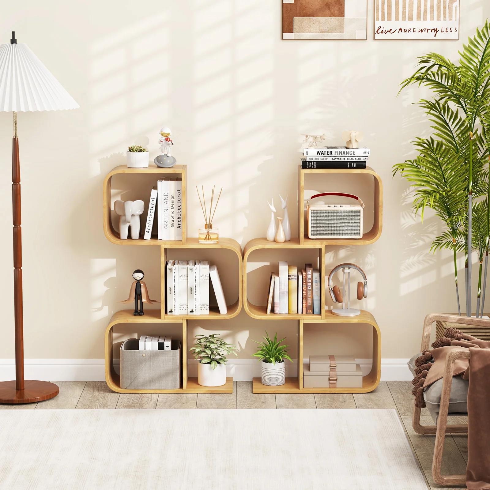 3-Tier S-Shaped Bookcase, 3 Open Cubes, Natural - Image 3