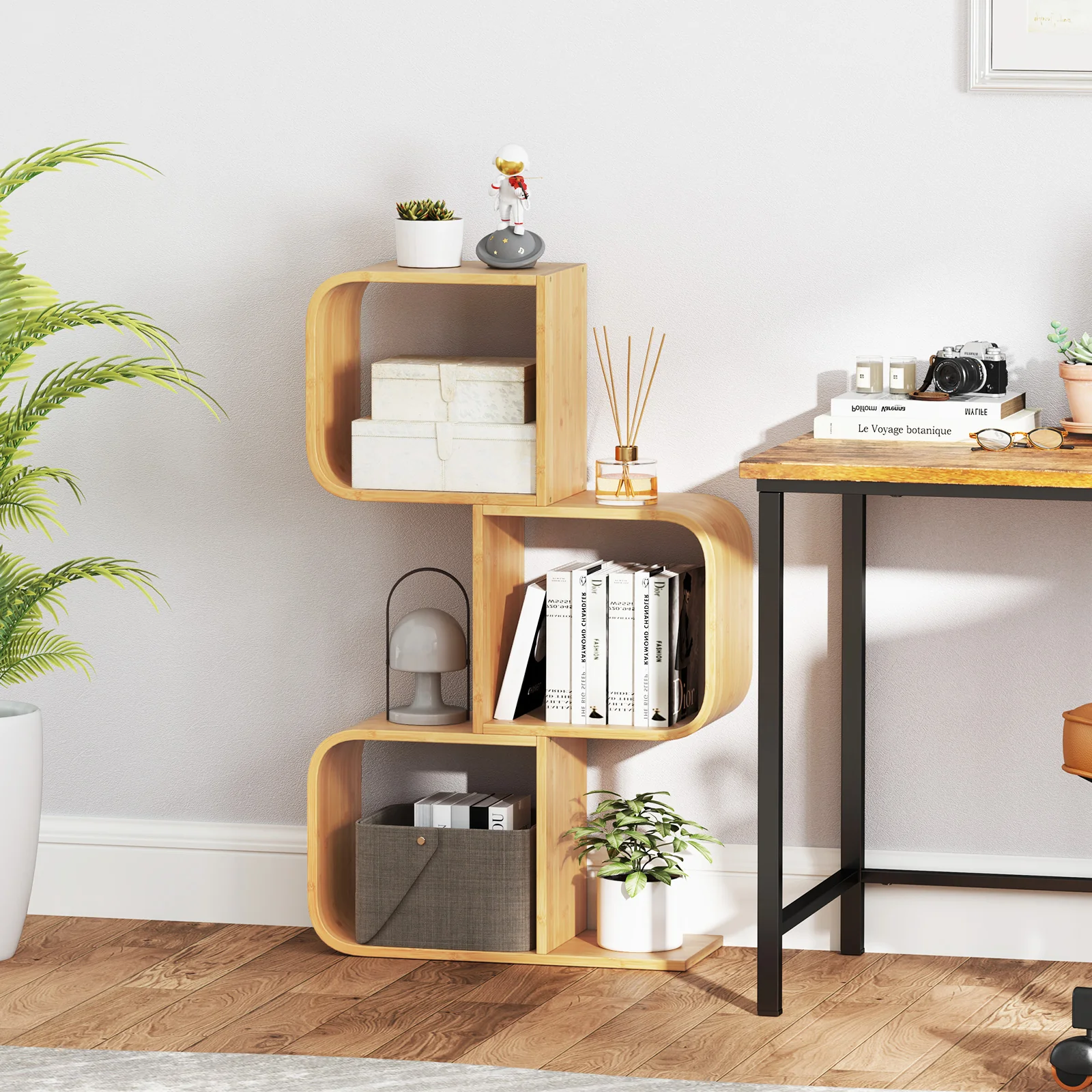 3-Tier S-Shaped Bookcase, 3 Open Cubes, Natural - Image 7