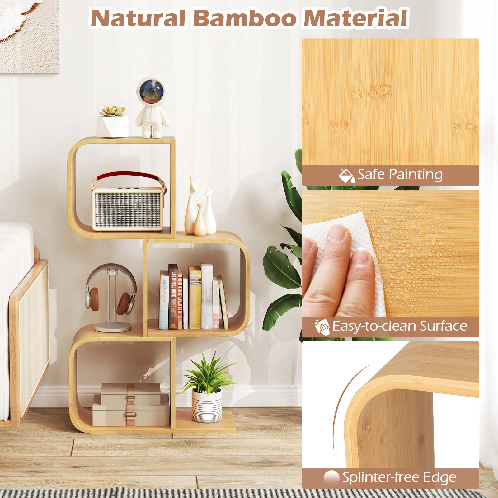 3-Tier S-Shaped Bookcase, 3 Open Cubes, Natural - Image 8