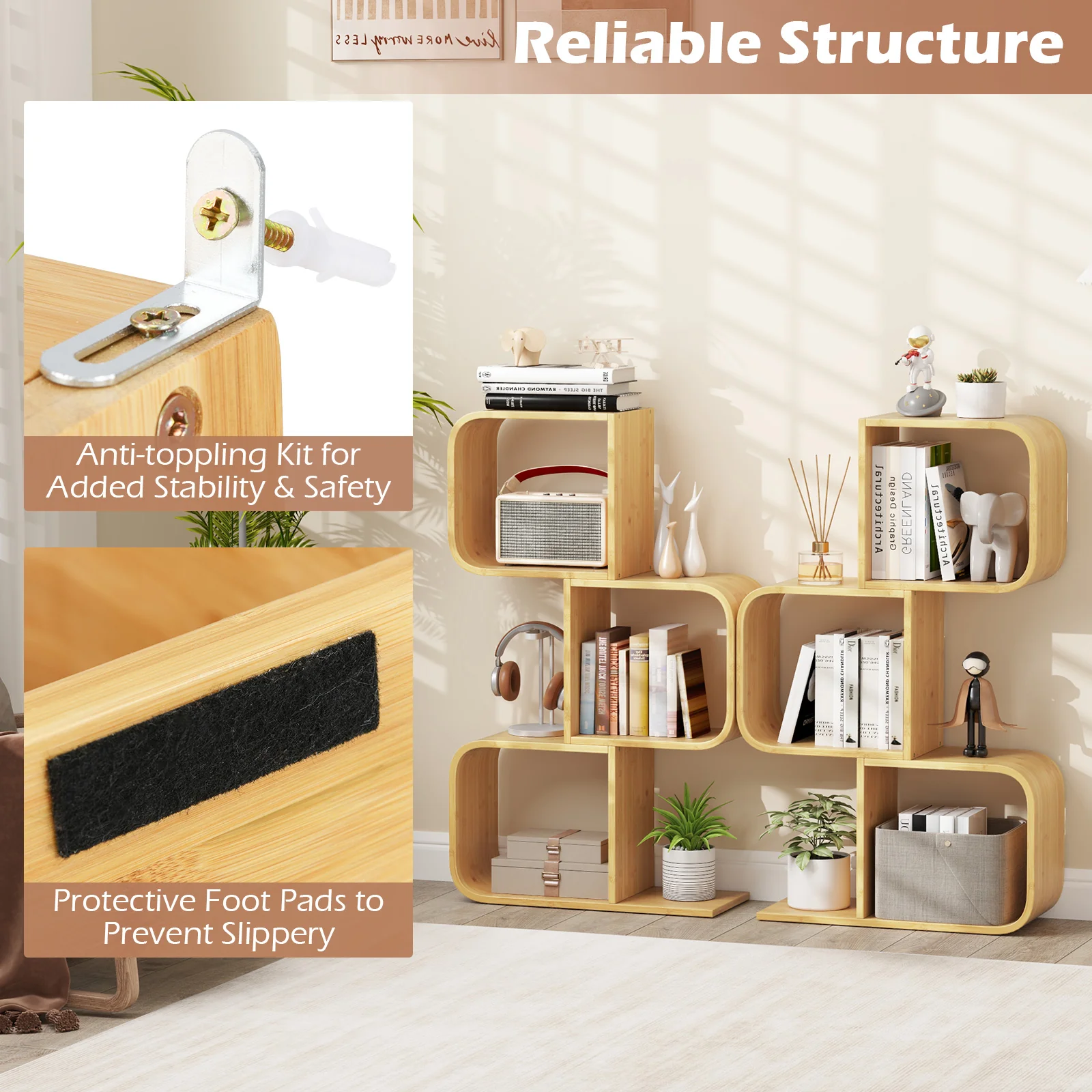 3-Tier S-Shaped Bookcase, 3 Open Cubes, Natural - Image 9