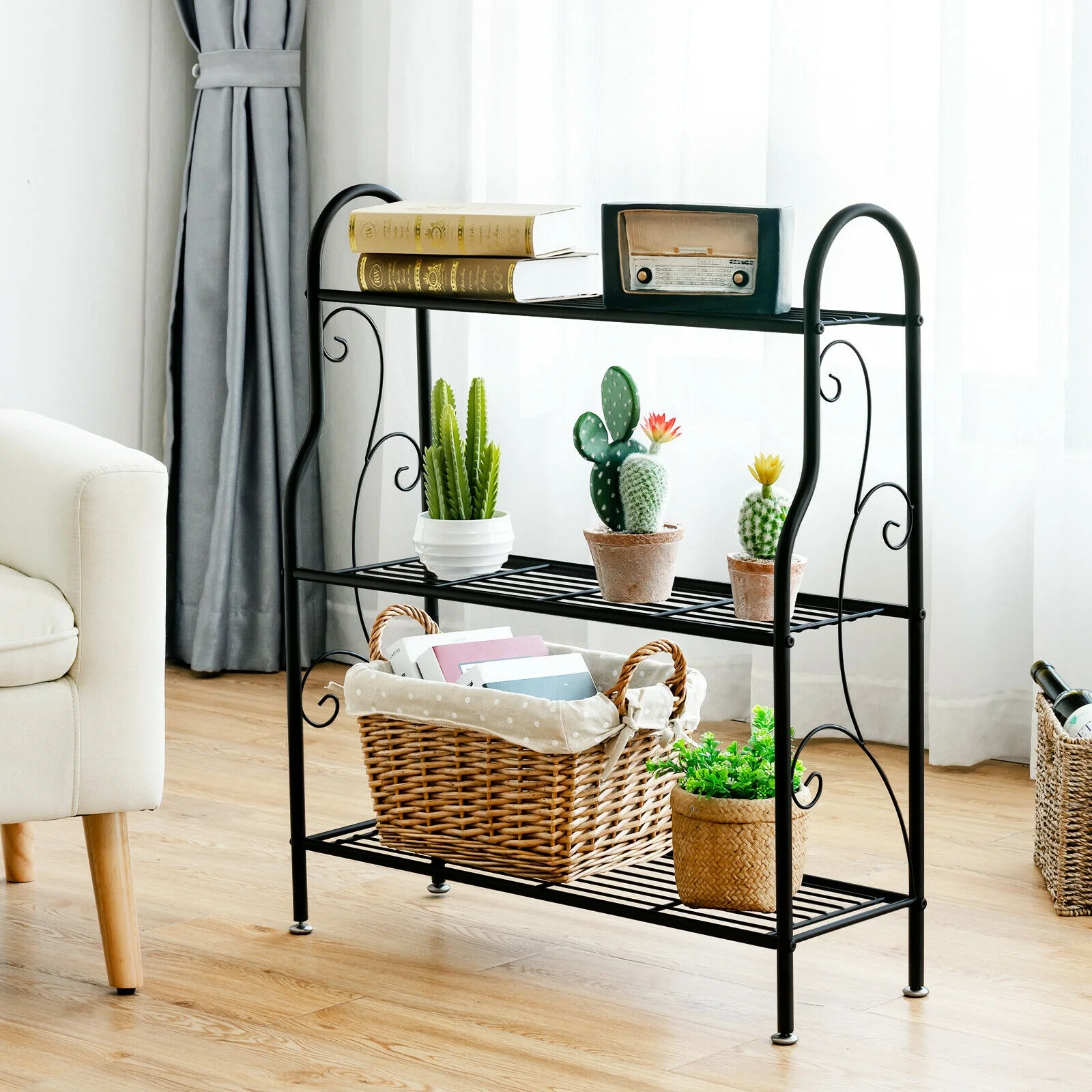 3-Tier Scrollwork Metal Plant Stand, Black - Image 2