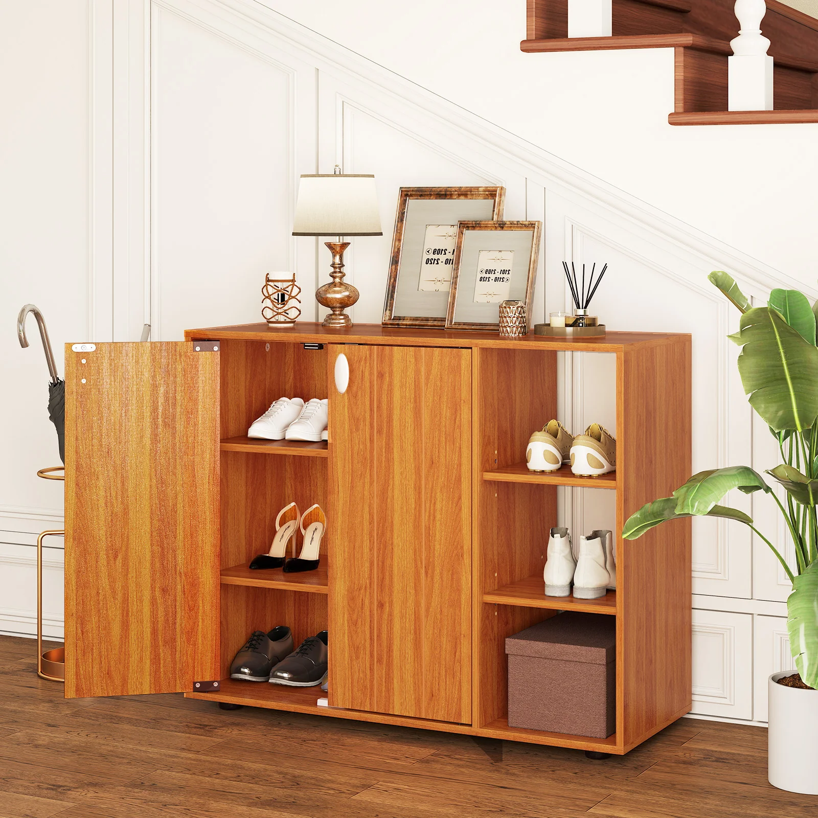 3-Tier Shoe Cabinet With Doors, Adjustable Open Shelves, Natural - Image 3
