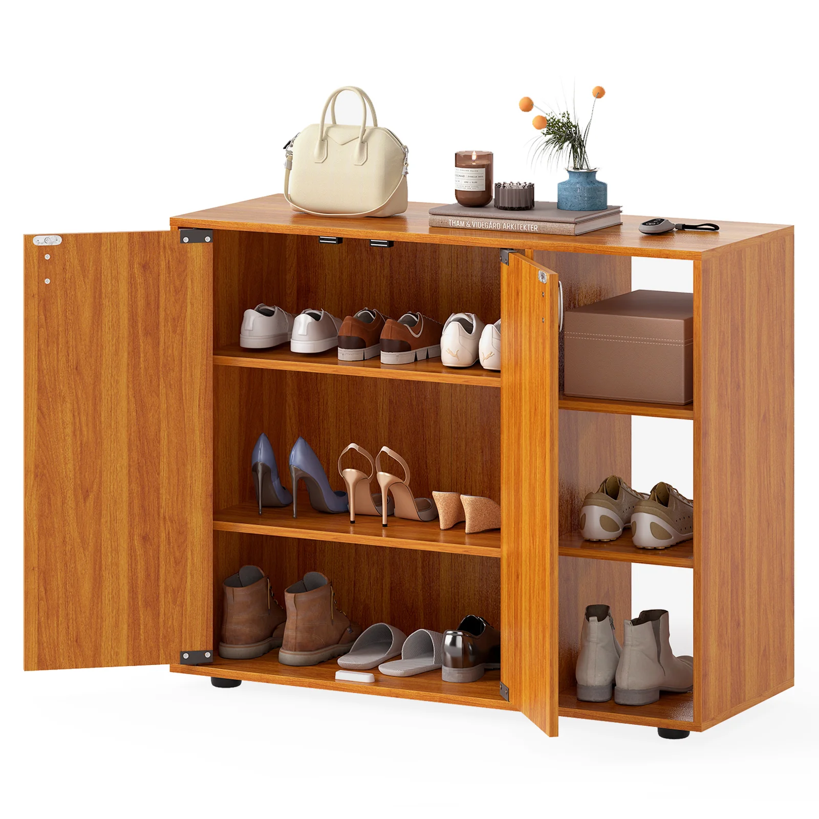 3-Tier Shoe Cabinet With Doors, Adjustable Open Shelves, Natural - Image 5