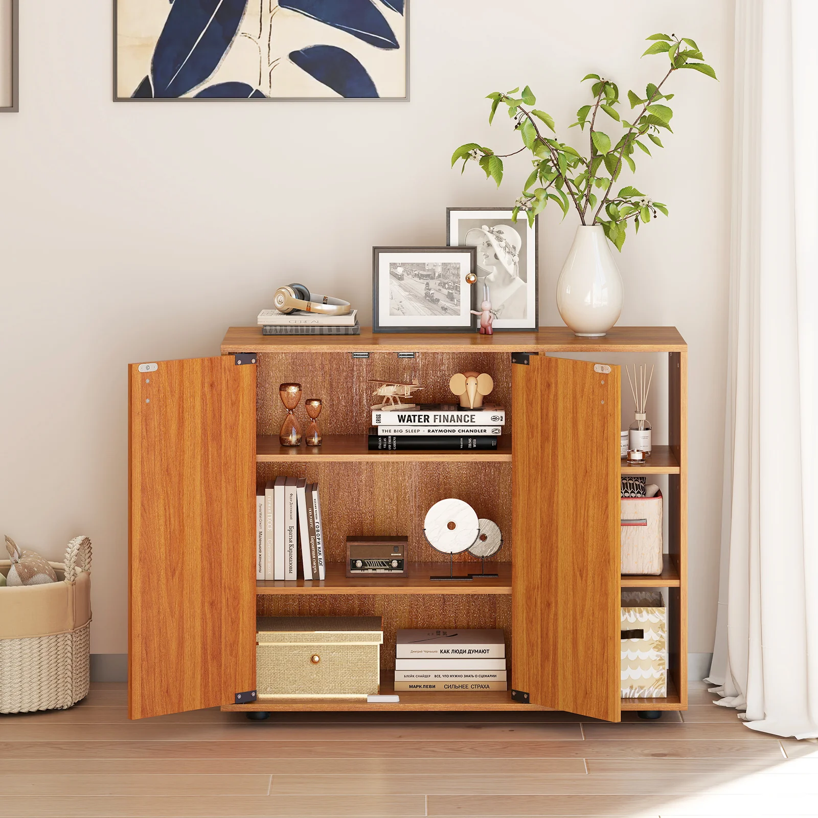 3-Tier Shoe Cabinet With Doors, Adjustable Open Shelves, Natural - Image 7