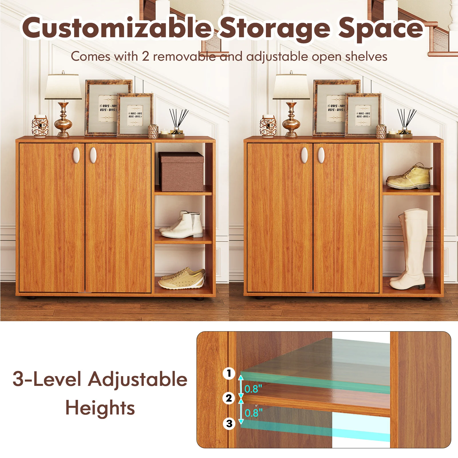 3-Tier Shoe Cabinet With Doors, Adjustable Open Shelves, Natural - Image 9