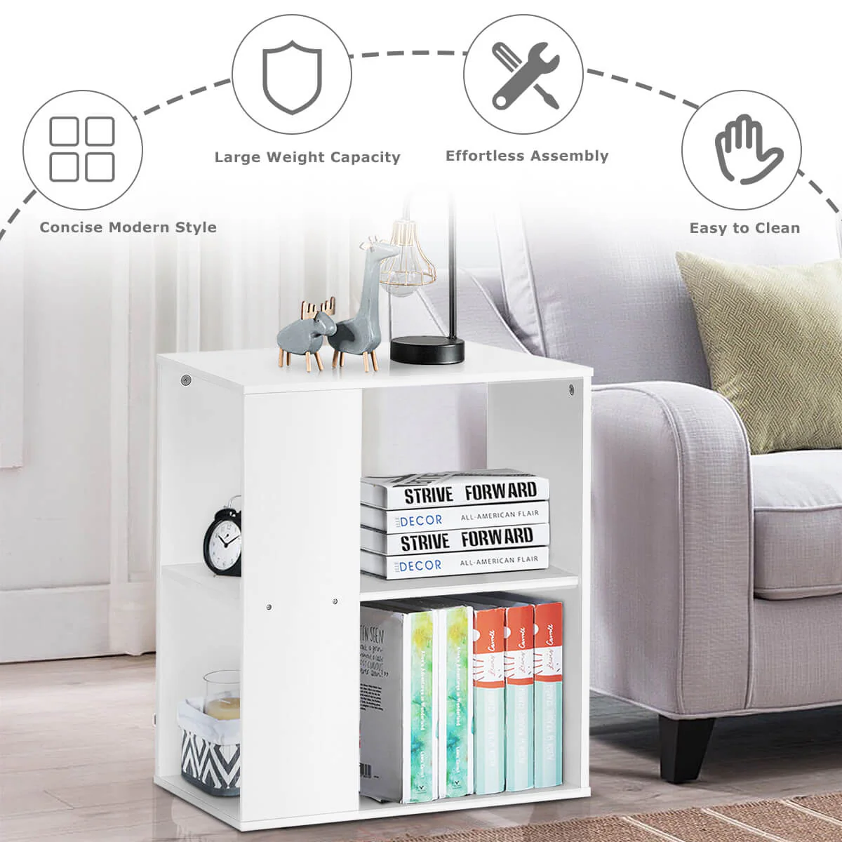 3-Tier Side End Table, Storage Shelves, White - Image 3