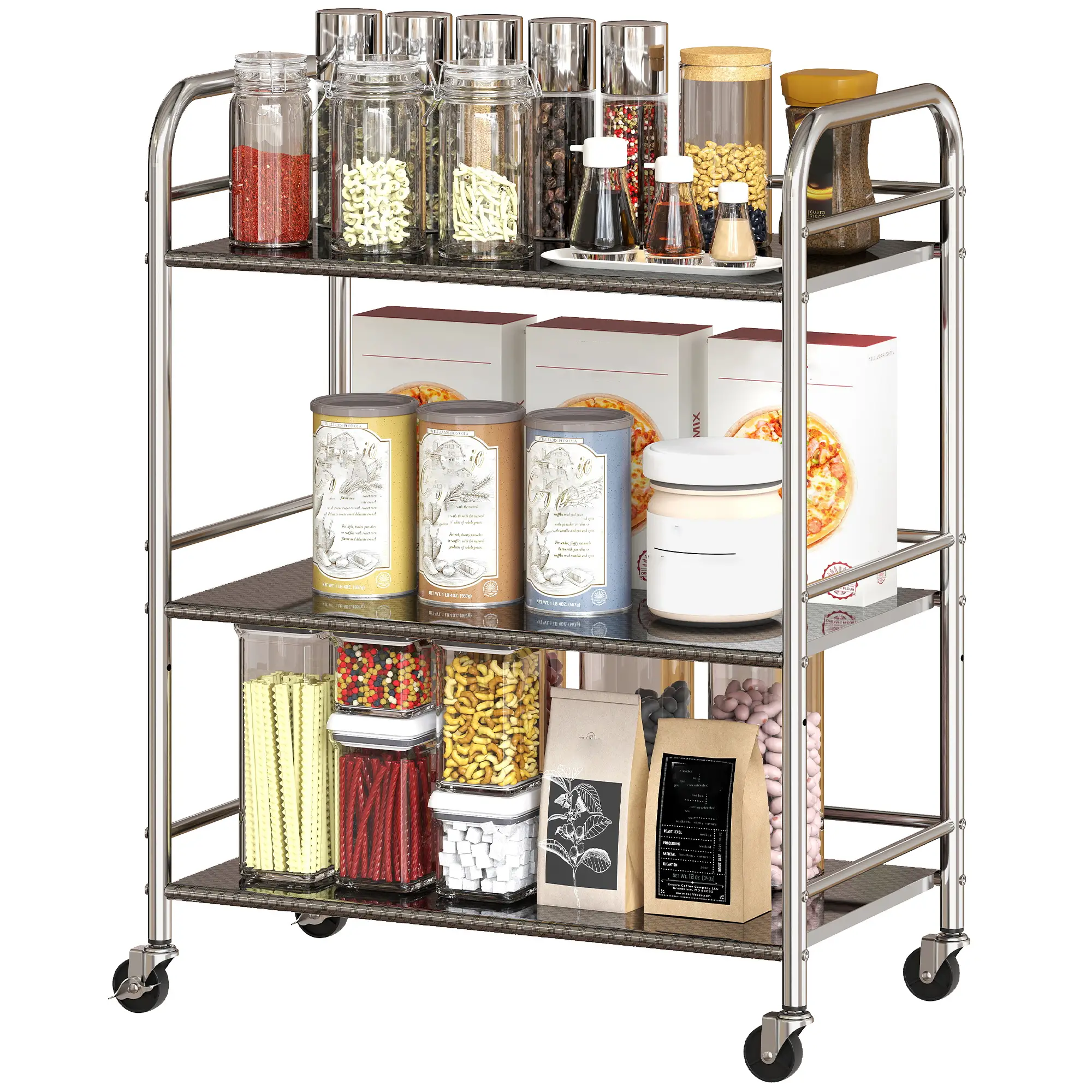 3 Tier Stainless Steel Rolling Cart, Adjustable Shelf, Wheels, Silver
