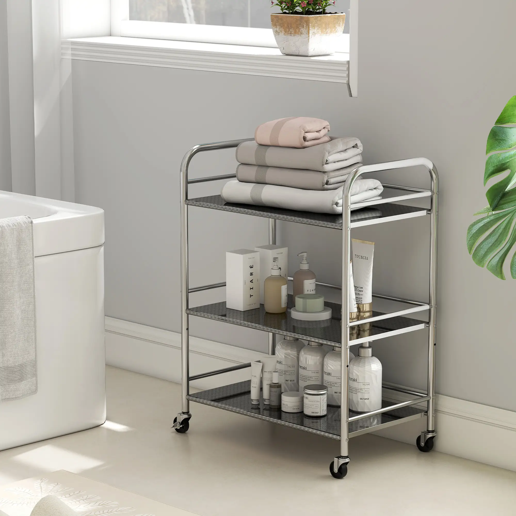 3 Tier Stainless Steel Rolling Cart, Adjustable Shelf, Wheels, Silver - Image 10