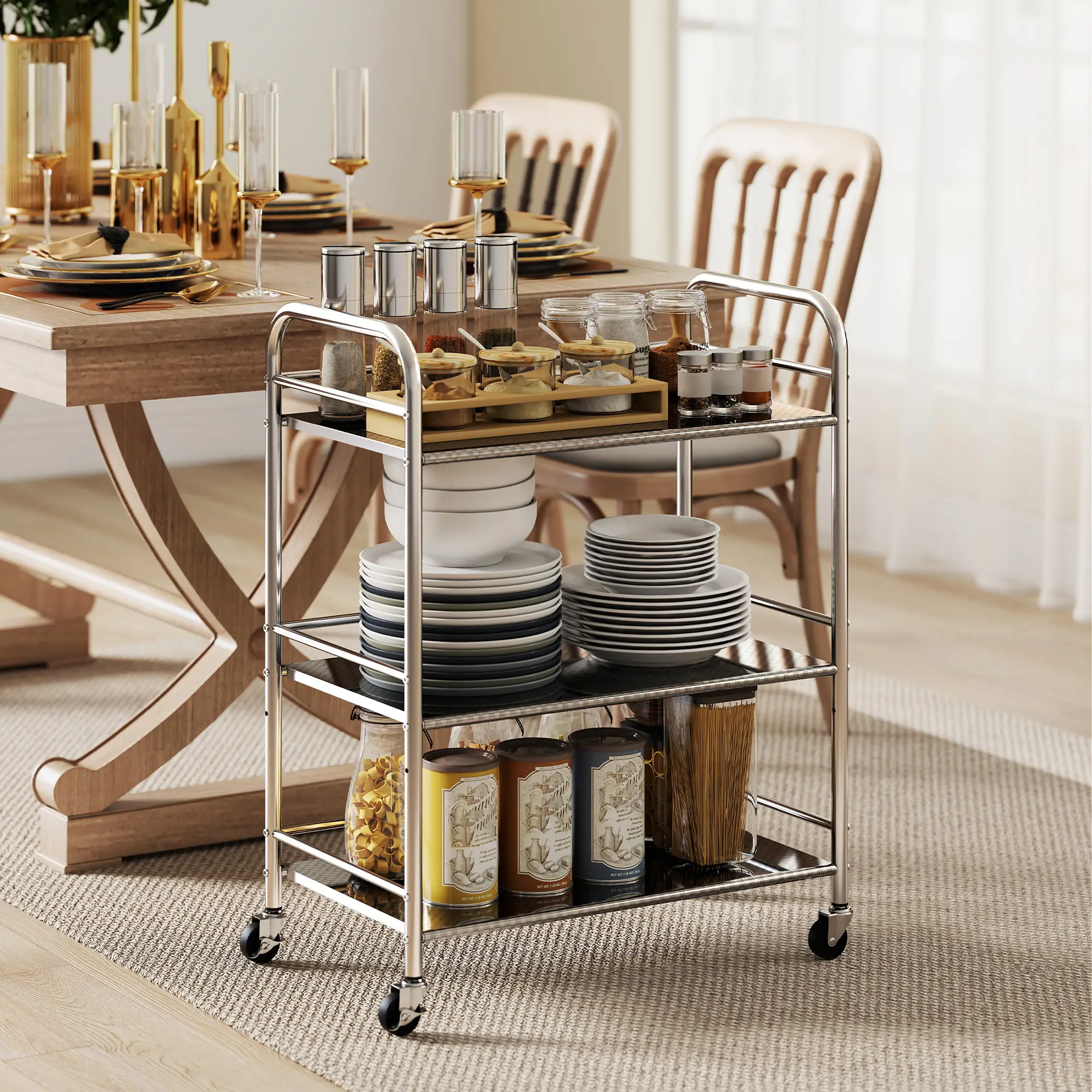 3 Tier Stainless Steel Rolling Cart, Adjustable Shelf, Wheels, Silver - Image 2