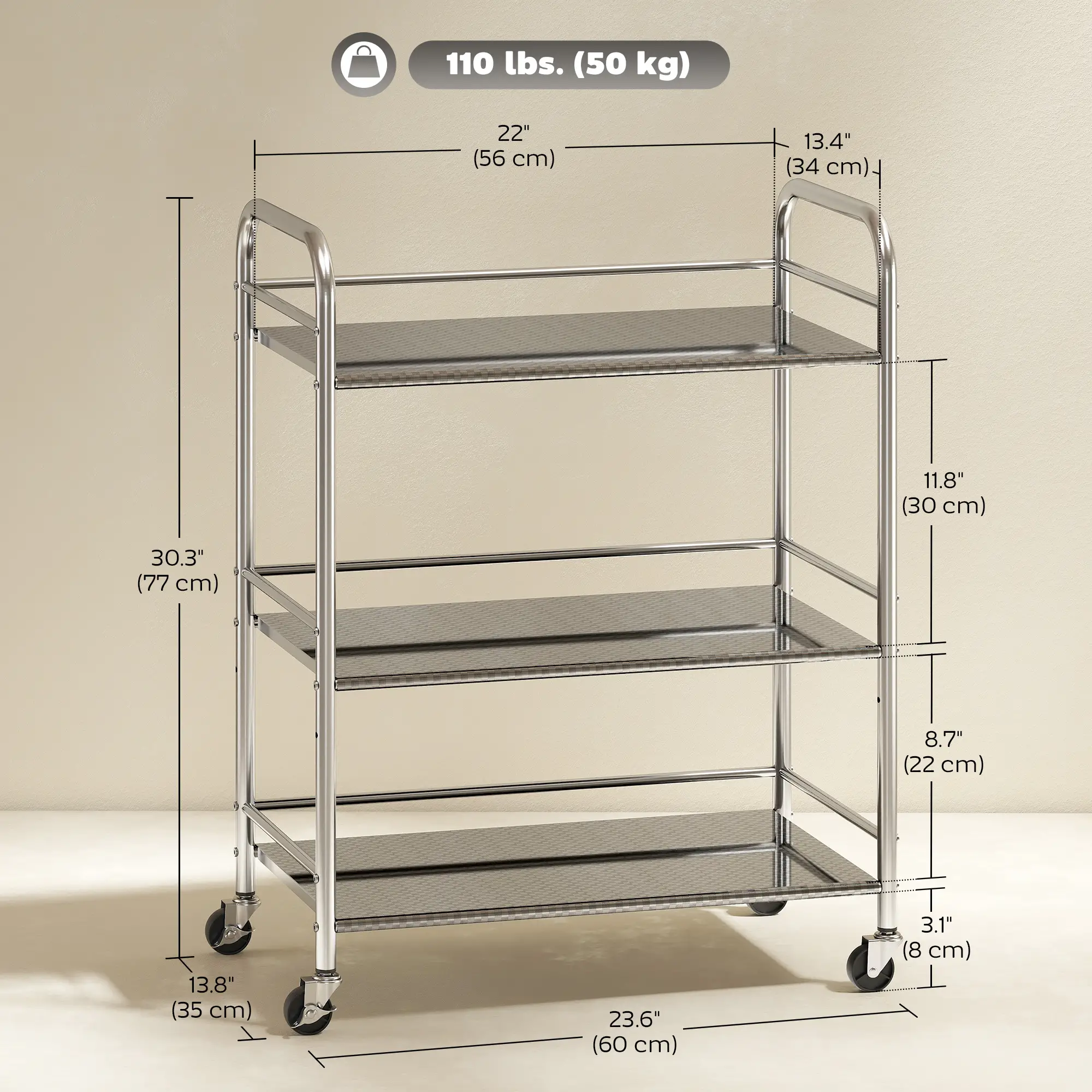 3 Tier Stainless Steel Rolling Cart, Adjustable Shelf, Wheels, Silver - Image 3