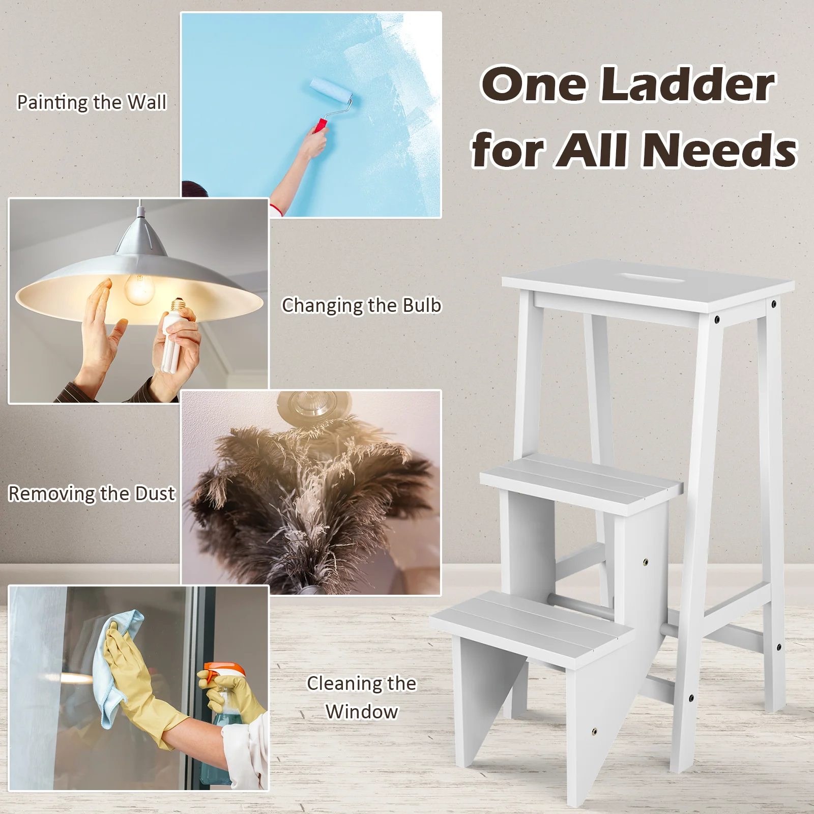 3-Tier Step Stool, Folding Ladder Bench, White - Image 9