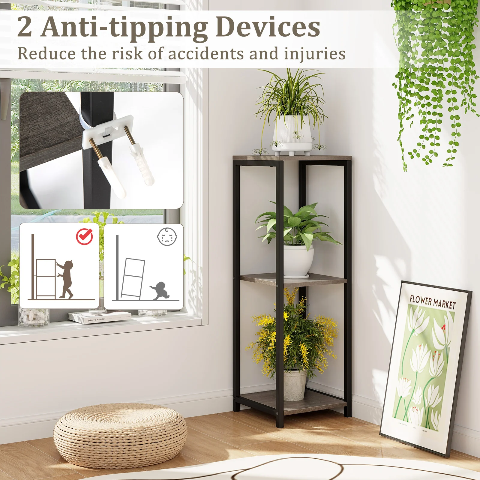 3-Tier Tall Metal Plant Stand, Corner Holder, Anti-Tipping Device, Black Gray - Image 10