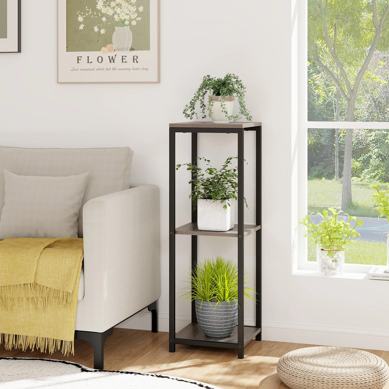 3-Tier Tall Metal Plant Stand, Corner Holder, Anti-Tipping Device, Black Gray - Image 2