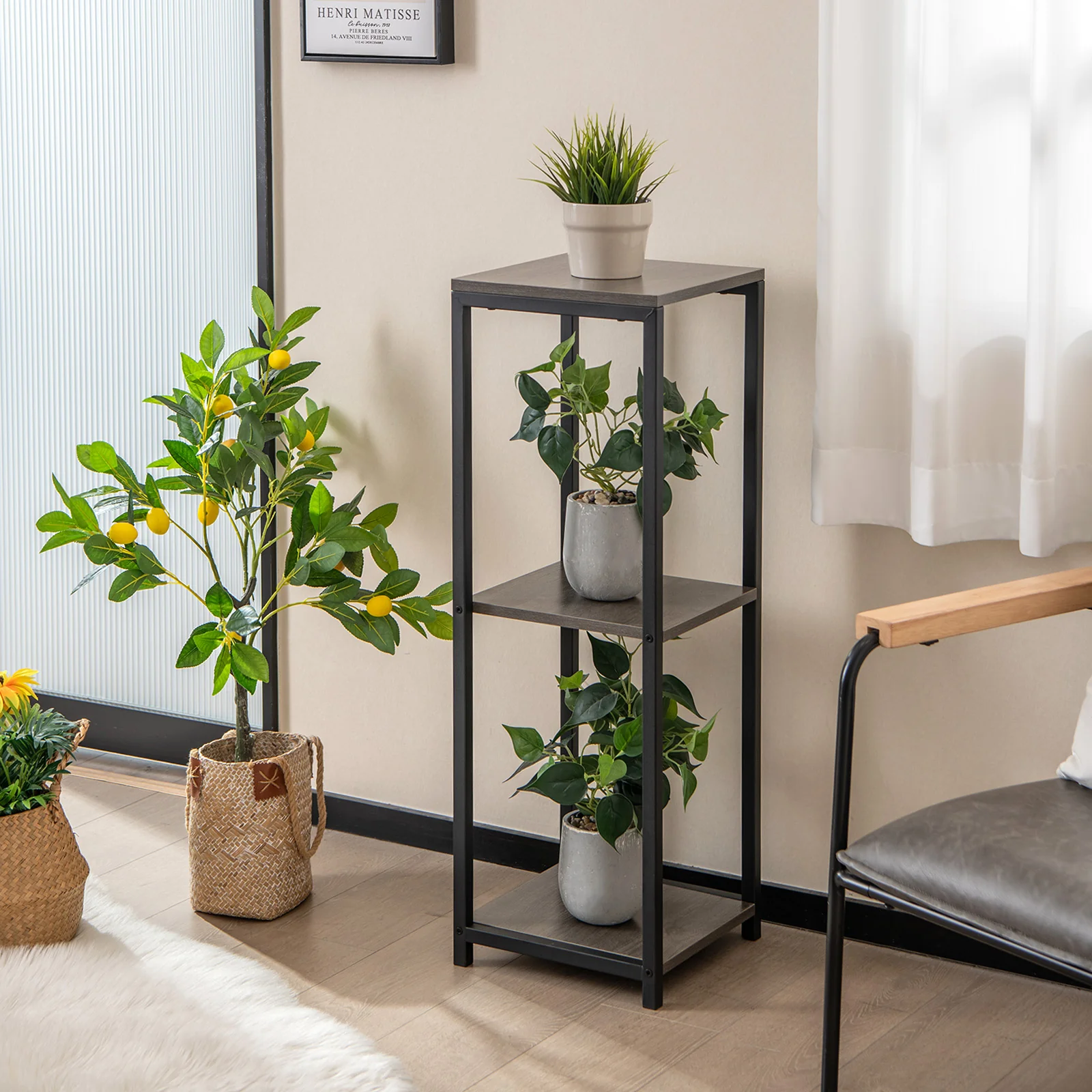 3-Tier Tall Metal Plant Stand, Corner Holder, Anti-Tipping Device, Black Gray - Image 3