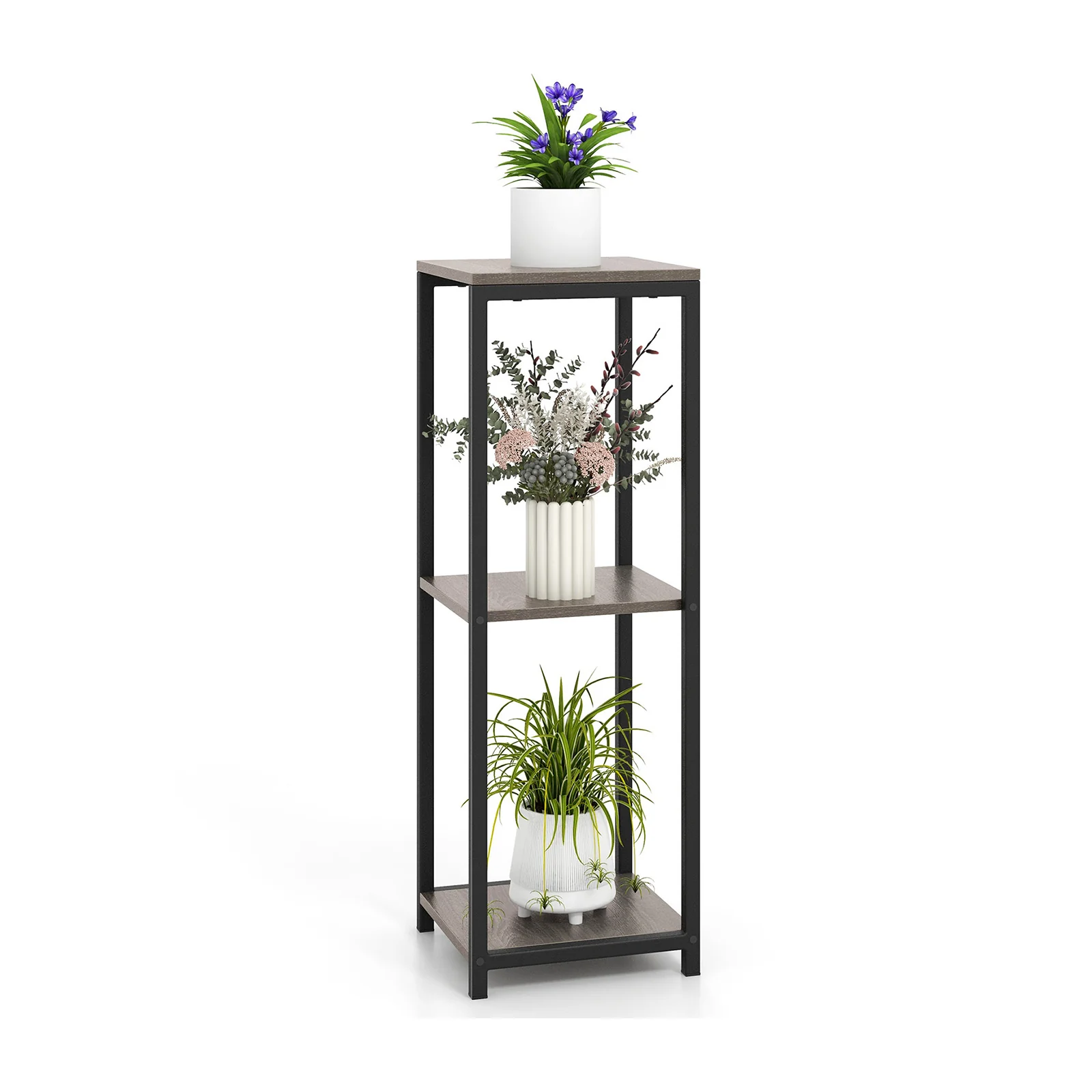 3-Tier Tall Metal Plant Stand, Corner Holder, Anti-Tipping Device, Black Gray - Image 4