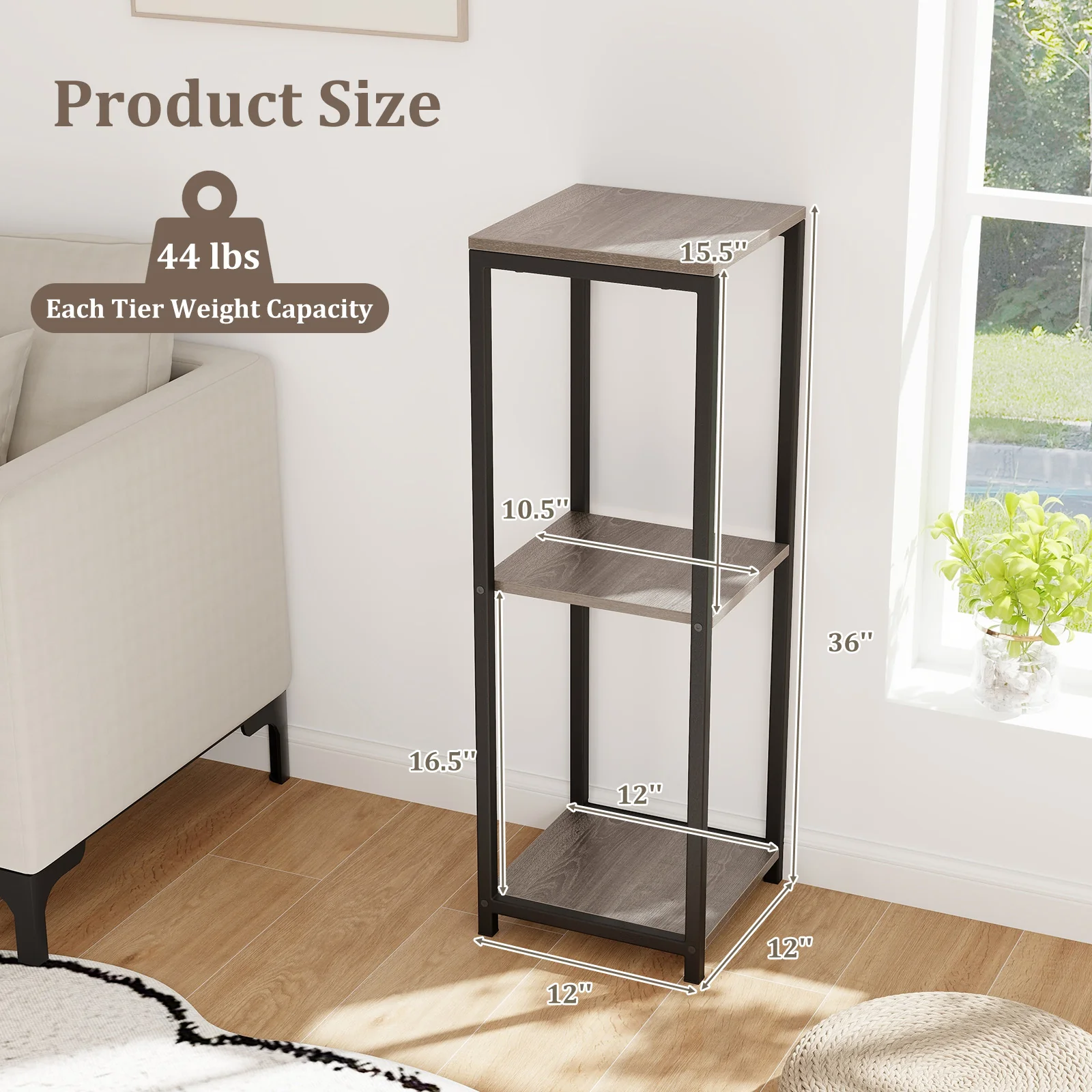 3-Tier Tall Metal Plant Stand, Corner Holder, Anti-Tipping Device, Black Gray - Image 5