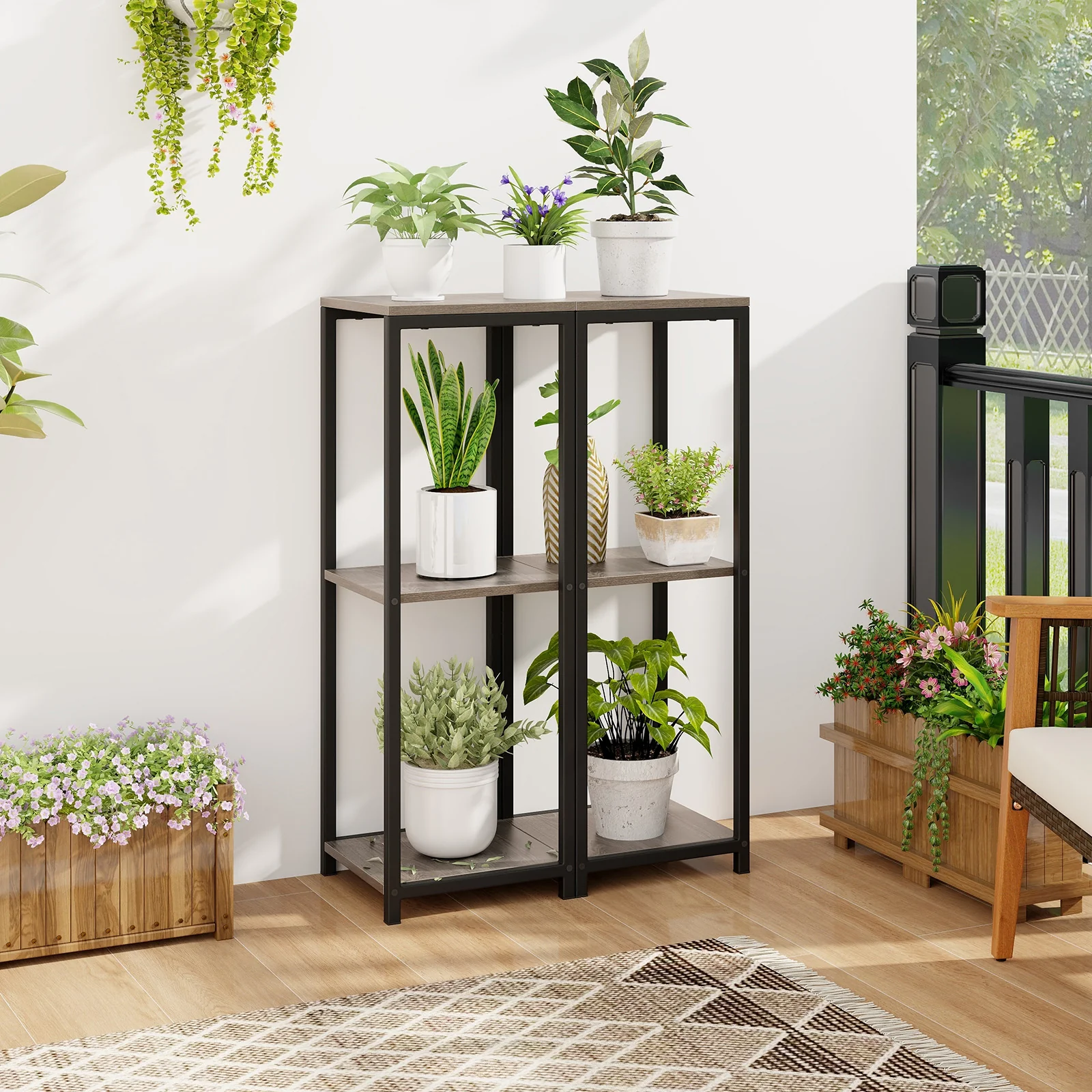 3-Tier Tall Metal Plant Stand, Corner Holder, Anti-Tipping Device, Black Gray - Image 6