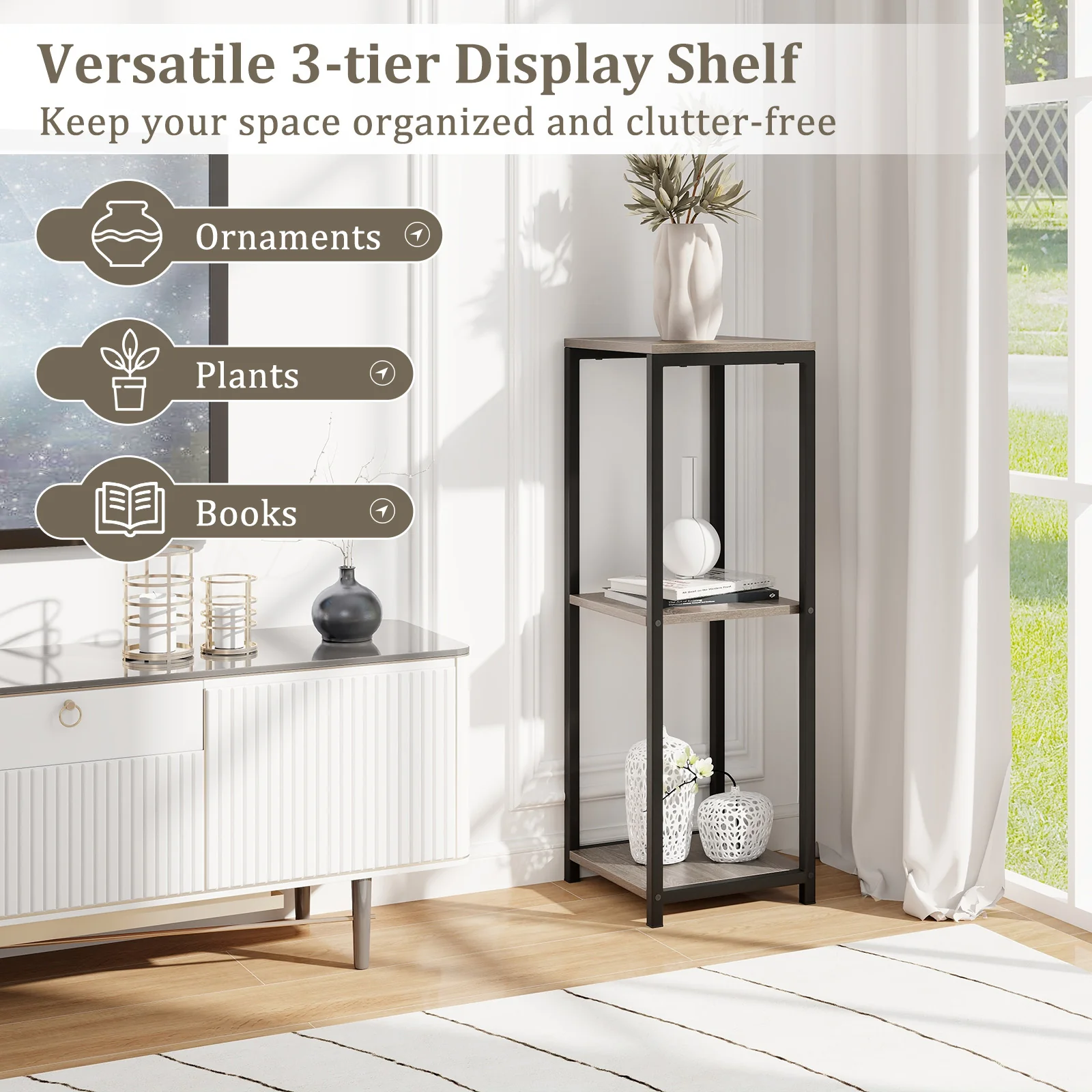 3-Tier Tall Metal Plant Stand, Corner Holder, Anti-Tipping Device, Black Gray - Image 7