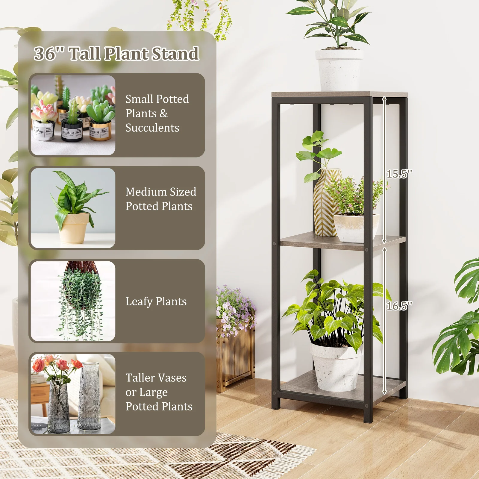 3-Tier Tall Metal Plant Stand, Corner Holder, Anti-Tipping Device, Black Gray - Image 8